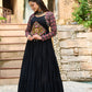 Lorenvalley Fashion Black Rayon Kutchi Gamthi Embroidered Work & Cotton Print Work Gown | Swadesiicart