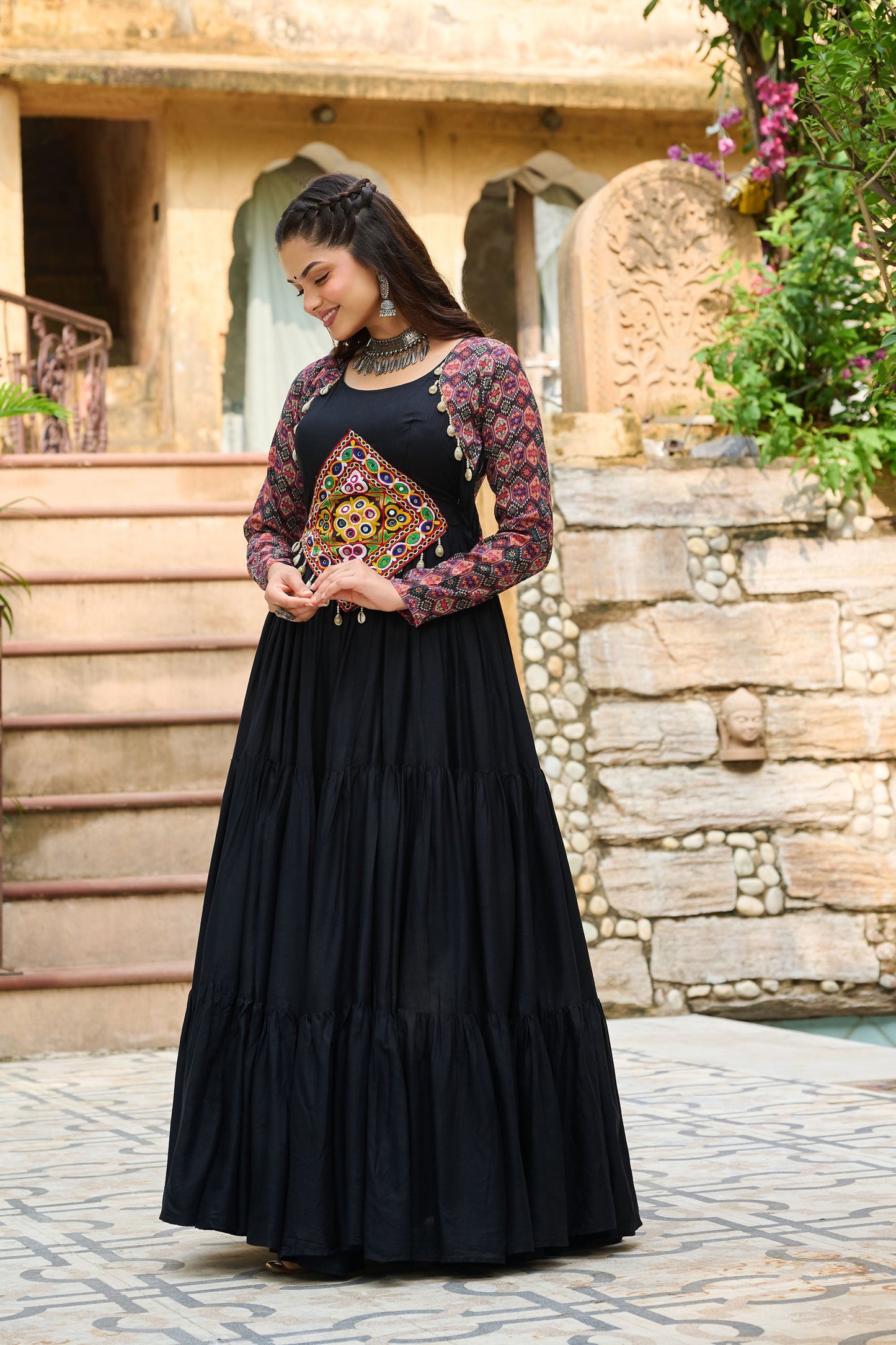 Lorenvalley Fashion Black Rayon Kutchi Gamthi Embroidered Work & Cotton Print Work Gown | Swadesiicart