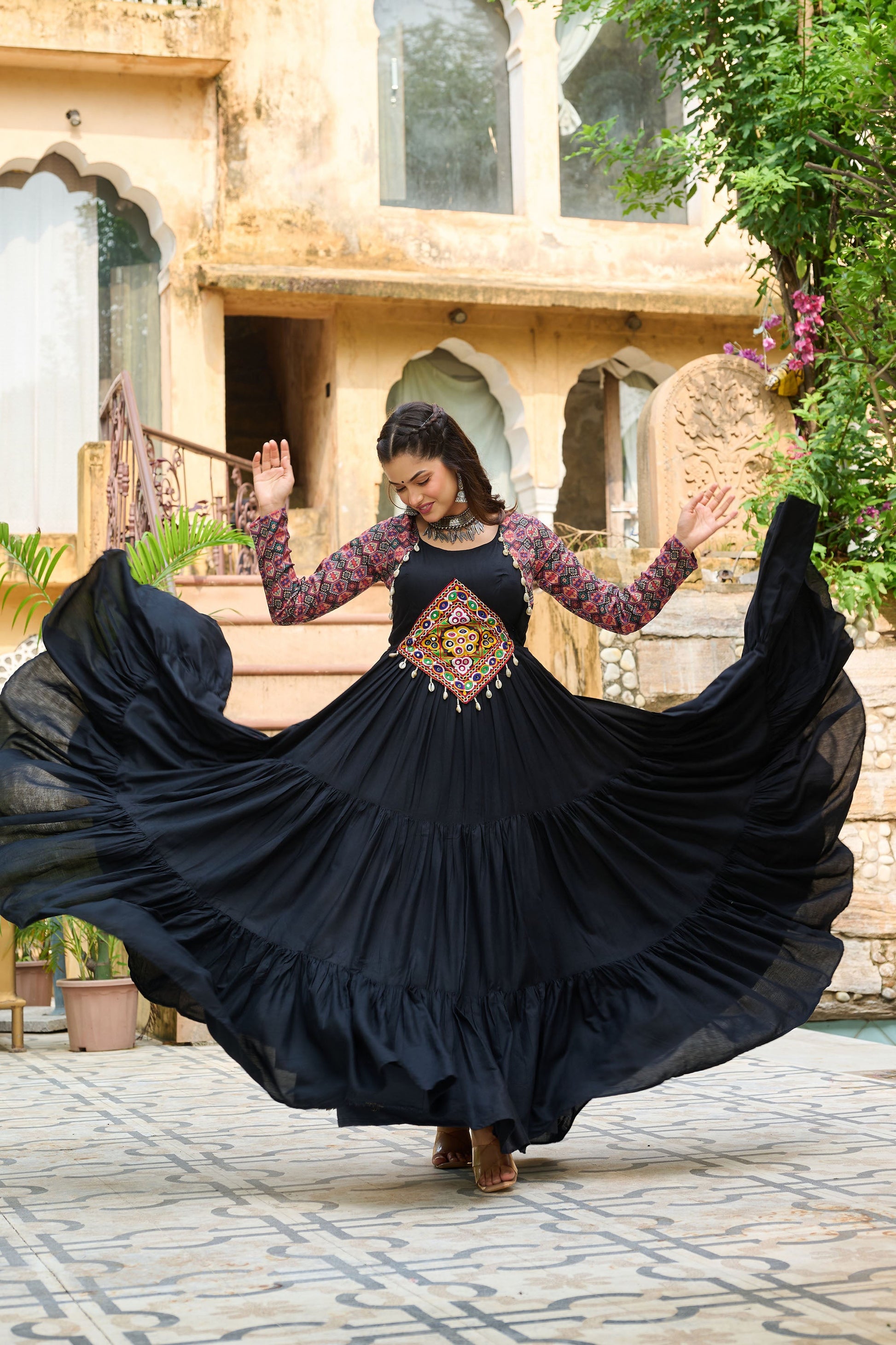Lorenvalley Fashion Black Rayon Kutchi Gamthi Embroidered Work & Cotton Print Work Gown | Swadesiicart
