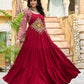 Lorenvalley Fashion Maroon Rayon Kutchi Gamthi Embroidered Work & Cotton Print Work Gown | Swadesiicart