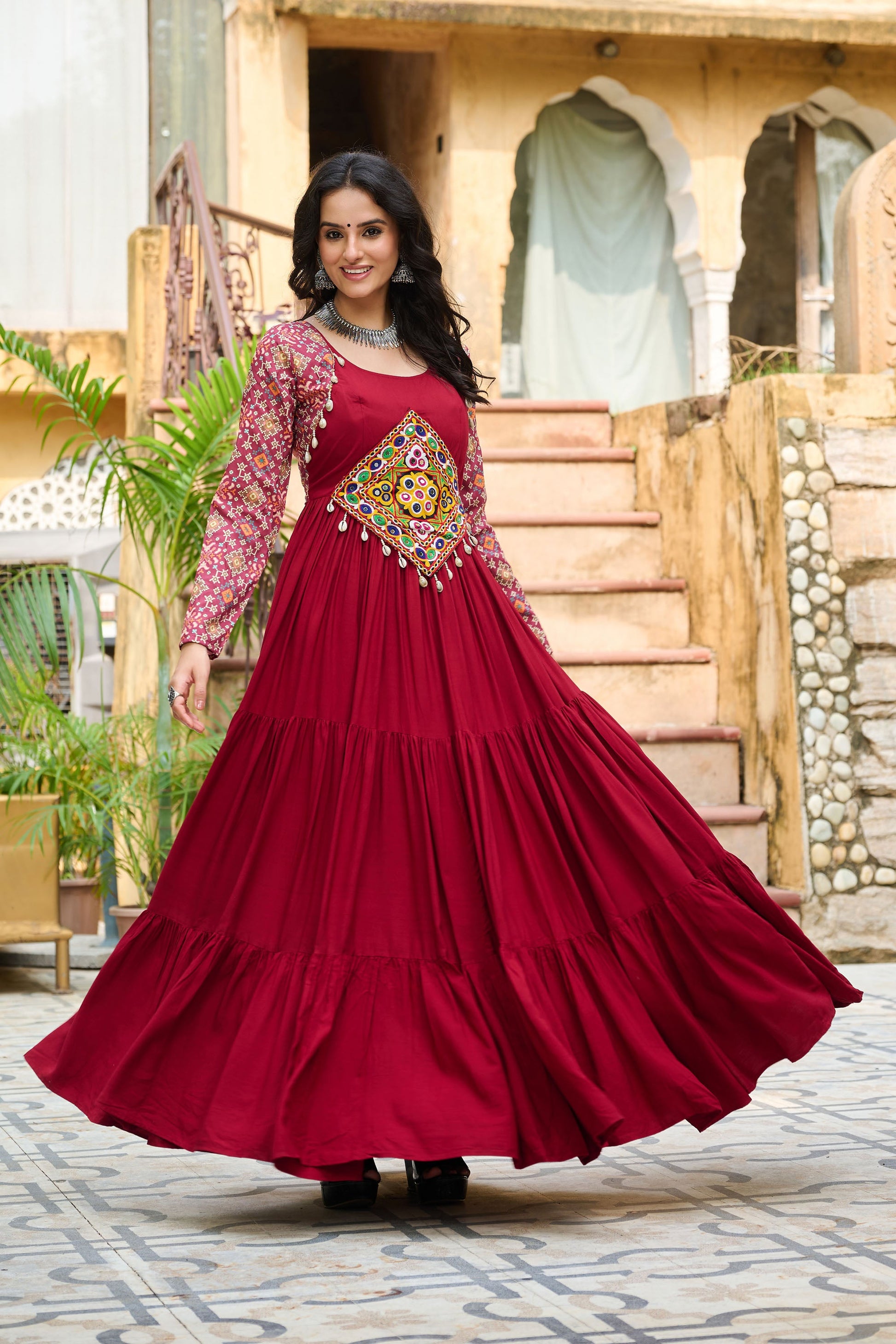 Lorenvalley Fashion Maroon Rayon Kutchi Gamthi Embroidered Work & Cotton Print Work Gown | Swadesiicart