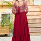 Lorenvalley Fashion Maroon Rayon Kutchi Gamthi Embroidered Work & Cotton Print Work Gown | Swadesiicart