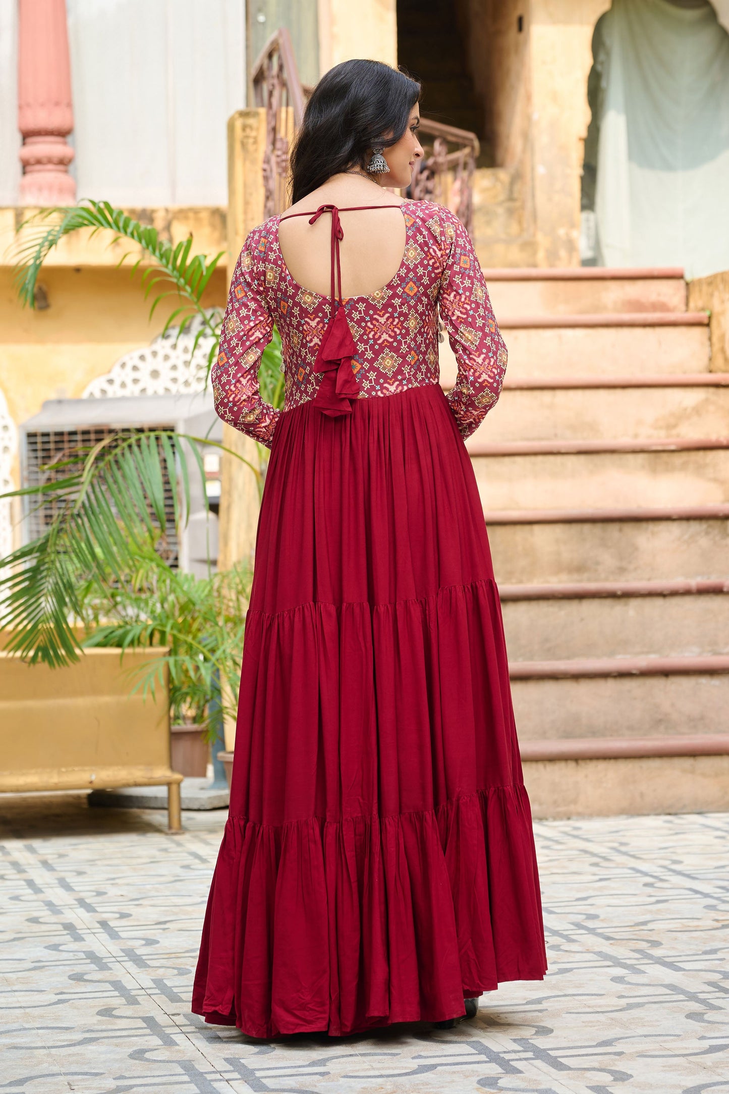 Lorenvalley Fashion Maroon Rayon Kutchi Gamthi Embroidered Work & Cotton Print Work Gown | Swadesiicart