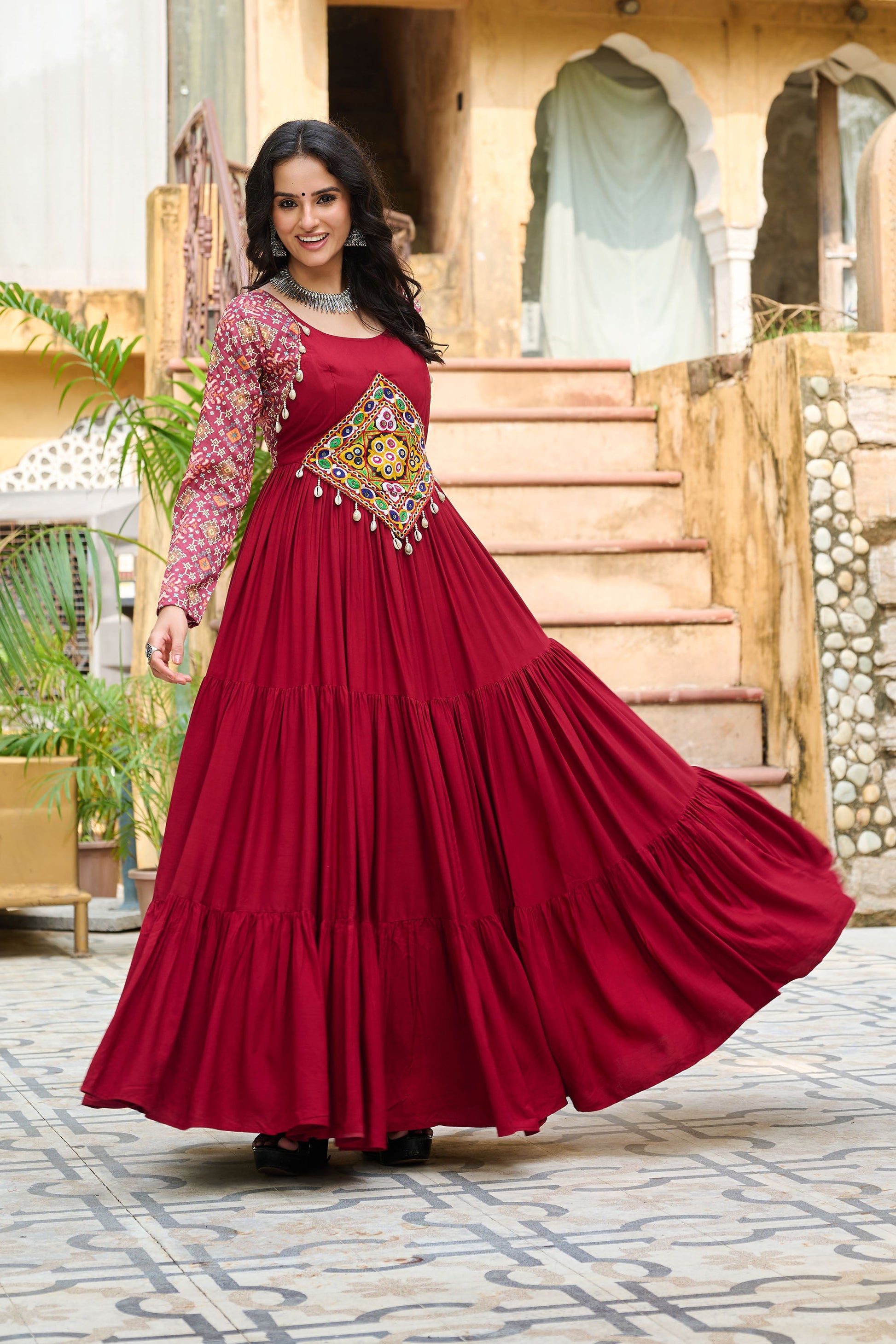 Lorenvalley Fashion Maroon Rayon Kutchi Gamthi Embroidered Work & Cotton Print Work Gown | Swadesiicart