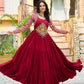 Lorenvalley Fashion Maroon Rayon Kutchi Gamthi Embroidered Work & Cotton Print Work Gown | Swadesiicart