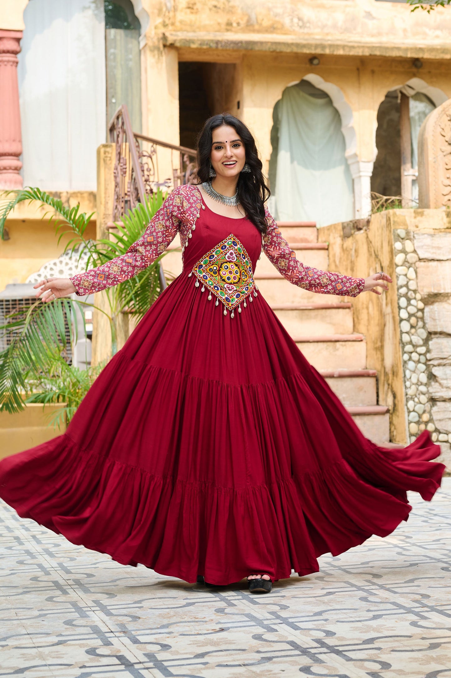 Lorenvalley Fashion Maroon Rayon Kutchi Gamthi Embroidered Work & Cotton Print Work Gown | Swadesiicart