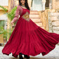 Lorenvalley Fashion Maroon Rayon Kutchi Gamthi Embroidered Work & Cotton Print Work Gown | Swadesiicart