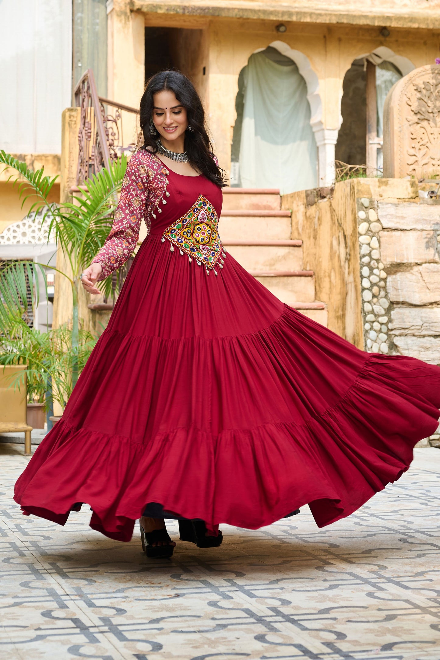 Lorenvalley Fashion Maroon Rayon Kutchi Gamthi Embroidered Work & Cotton Print Work Gown | Swadesiicart