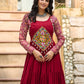 Lorenvalley Fashion Maroon Rayon Kutchi Gamthi Embroidered Work & Cotton Print Work Gown | Swadesiicart
