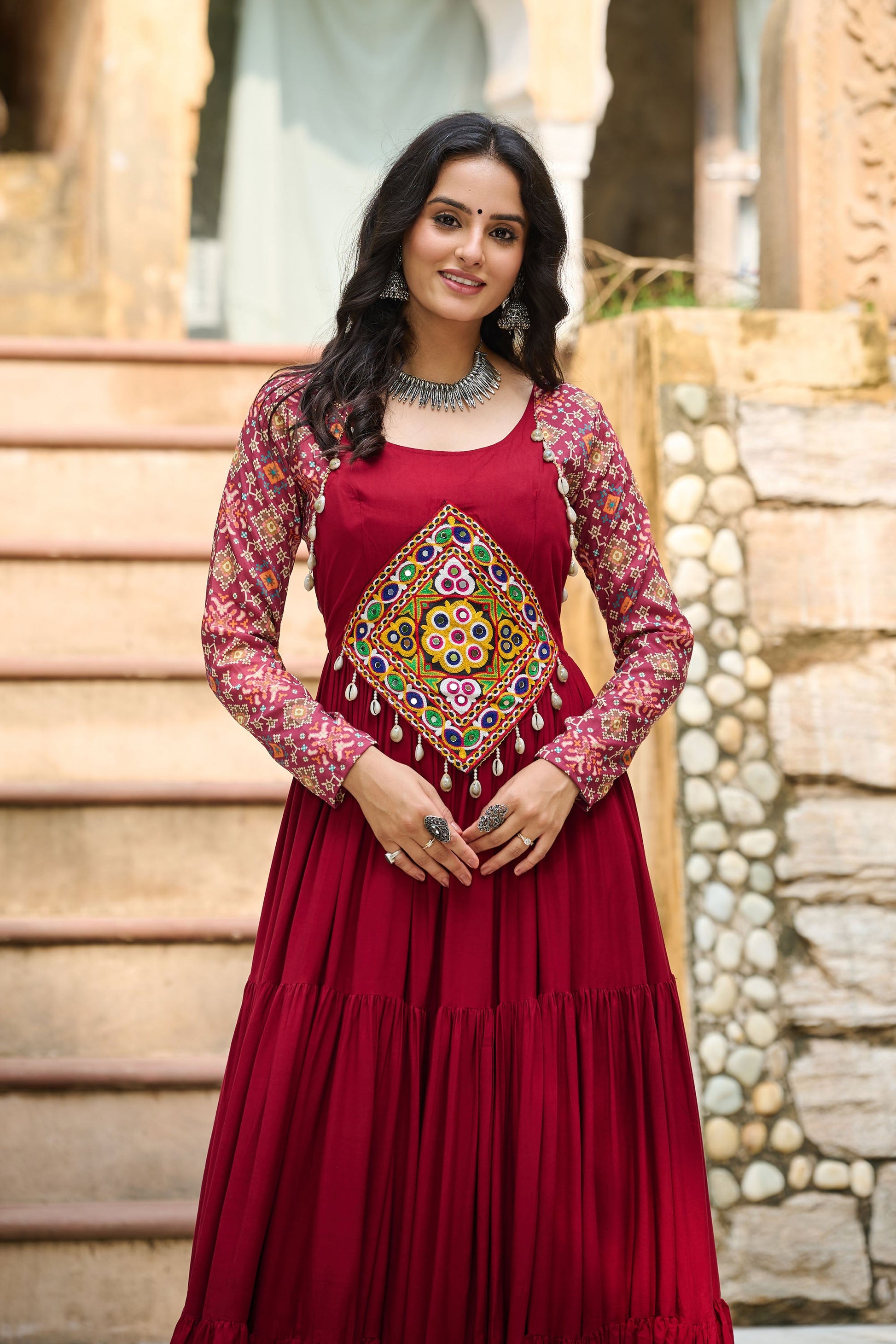 Lorenvalley Fashion Maroon Rayon Kutchi Gamthi Embroidered Work & Cotton Print Work Gown | Swadesiicart