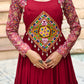 Lorenvalley Fashion Maroon Rayon Kutchi Gamthi Embroidered Work & Cotton Print Work Gown | Swadesiicart