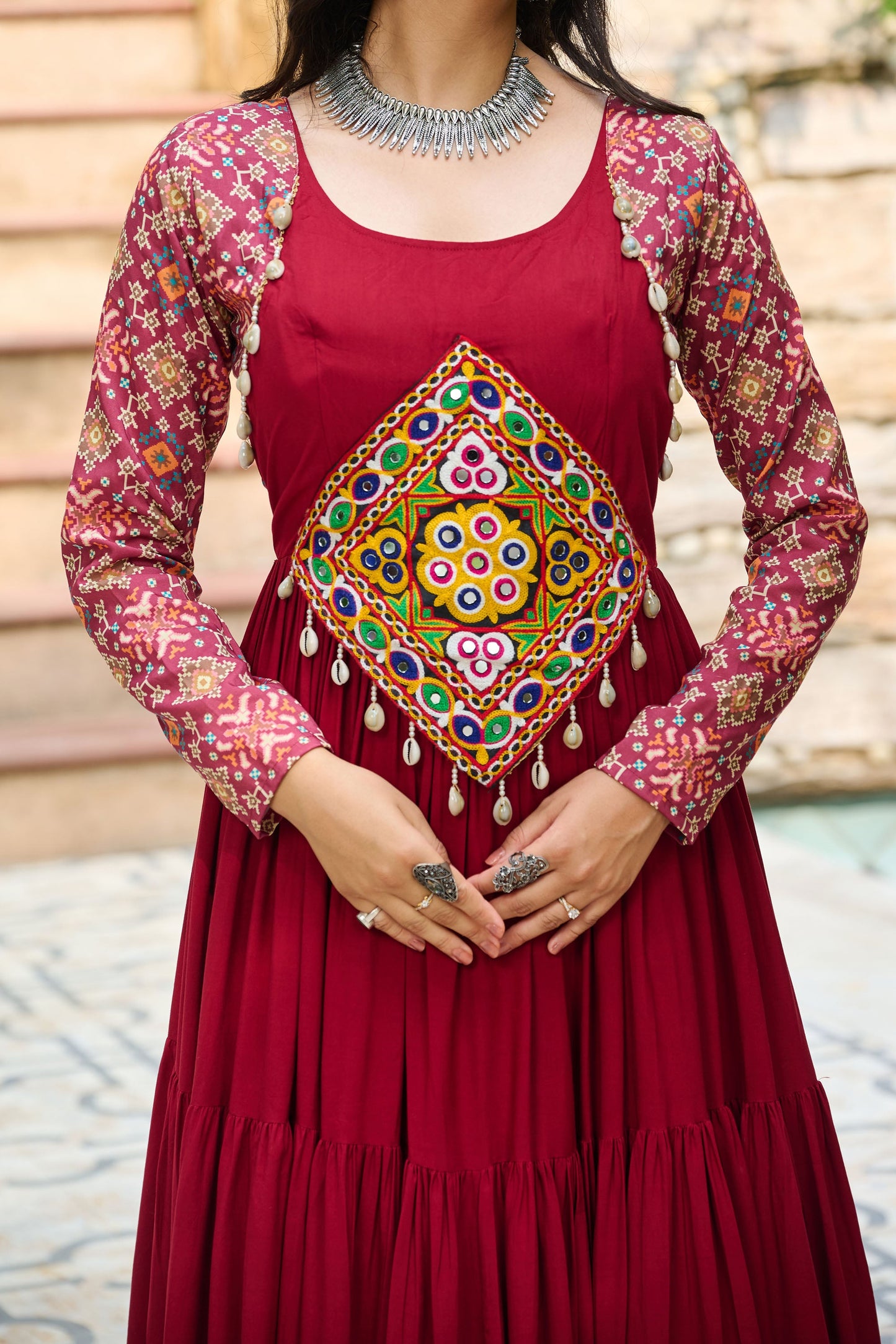 Lorenvalley Fashion Maroon Rayon Kutchi Gamthi Embroidered Work & Cotton Print Work Gown | Swadesiicart