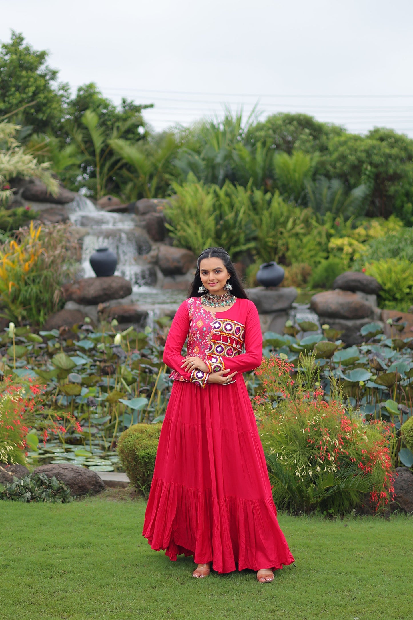 Lorenvalley Fashion Pink Rayon Kutchi Gamthi Embroidered Work & Cotton Print Work Gown | Swadesiicart