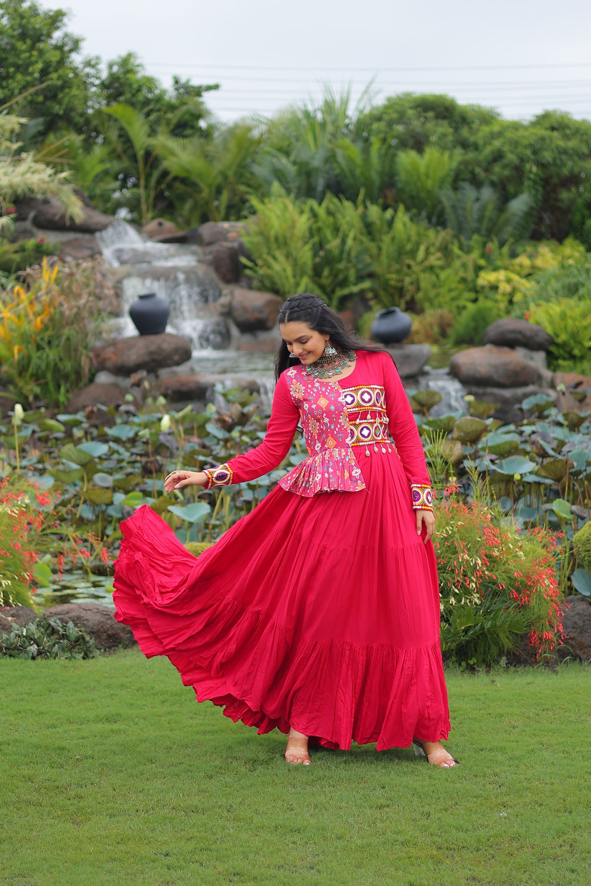 Lorenvalley Fashion Pink Rayon Kutchi Gamthi Embroidered Work & Cotton Print Work Gown | Swadesiicart