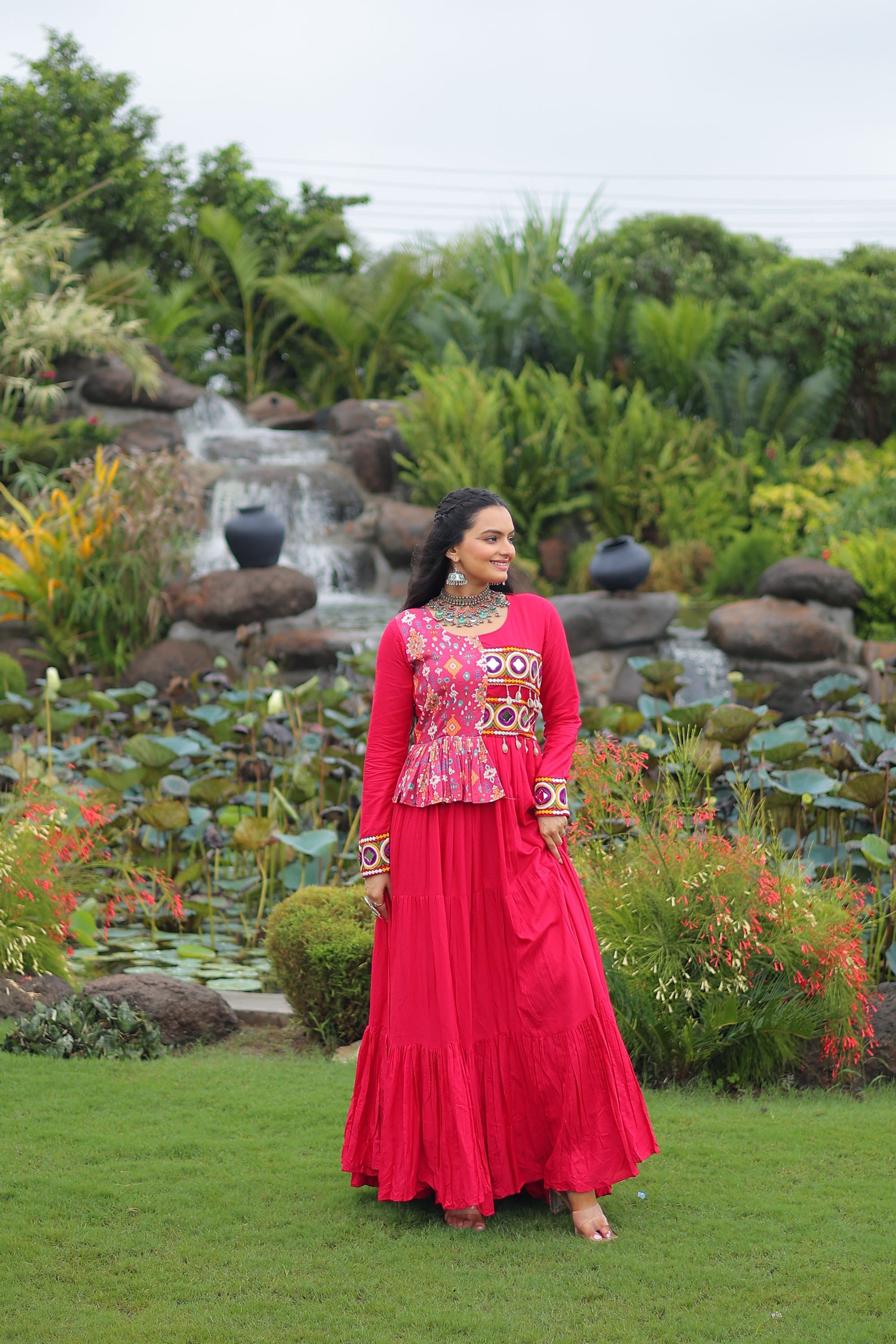 Lorenvalley Fashion Pink Rayon Kutchi Gamthi Embroidered Work & Cotton Print Work Gown | Swadesiicart