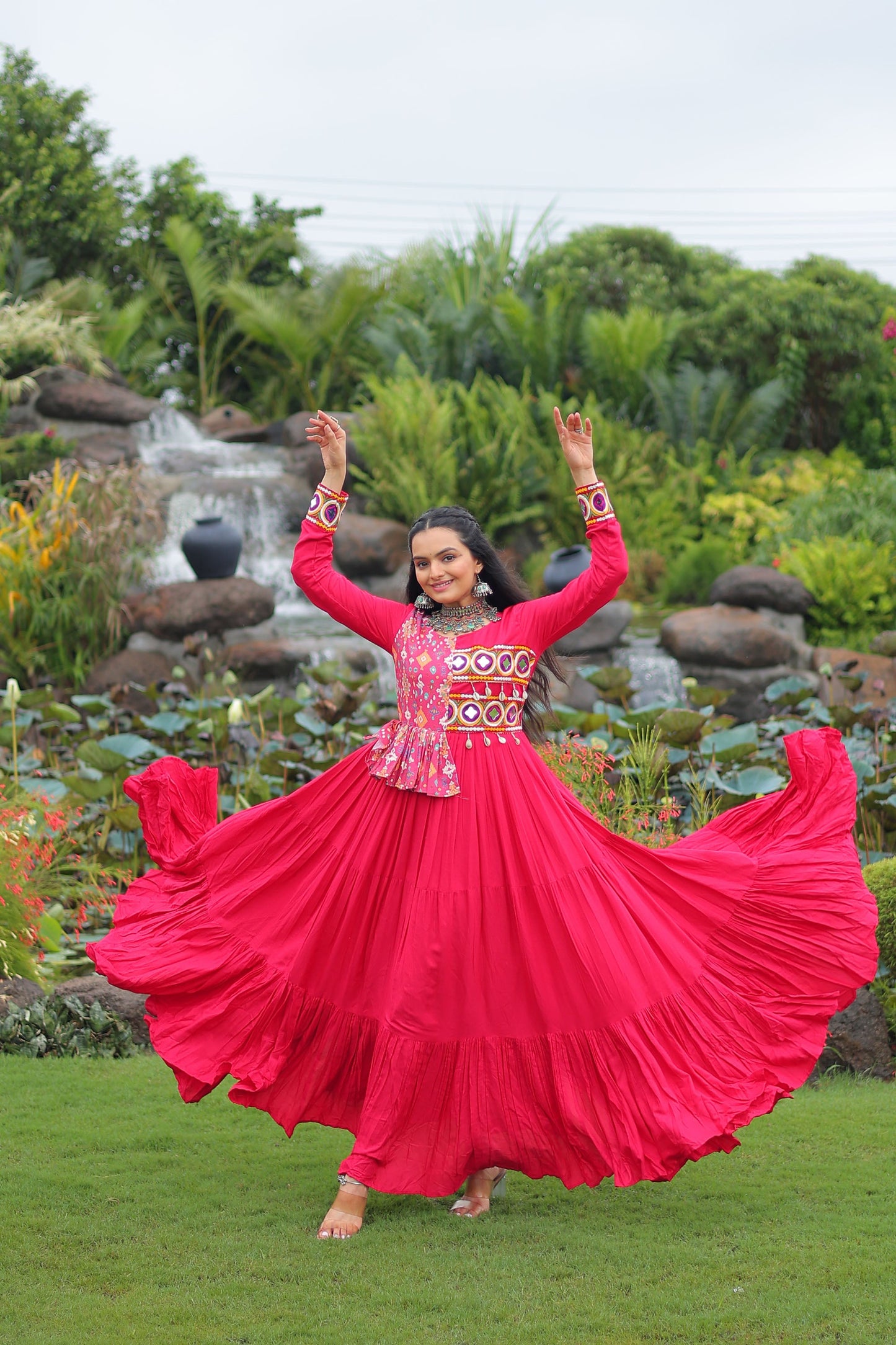 Lorenvalley Fashion Pink Rayon Kutchi Gamthi Embroidered Work & Cotton Print Work Gown | Swadesiicart