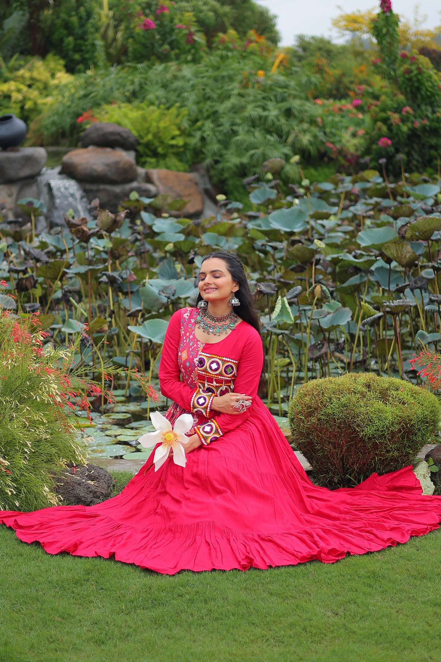 Lorenvalley Fashion Pink Rayon Kutchi Gamthi Embroidered Work & Cotton Print Work Gown | Swadesiicart