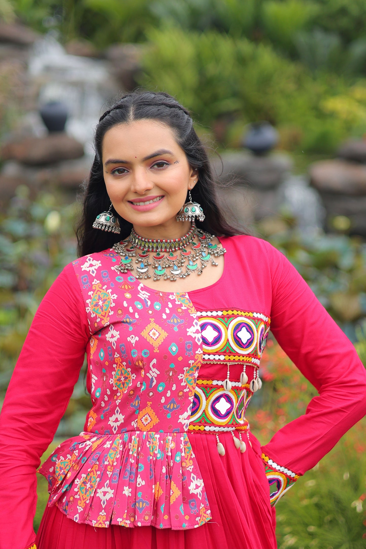 Lorenvalley Fashion Pink Rayon Kutchi Gamthi Embroidered Work & Cotton Print Work Gown | Swadesiicart