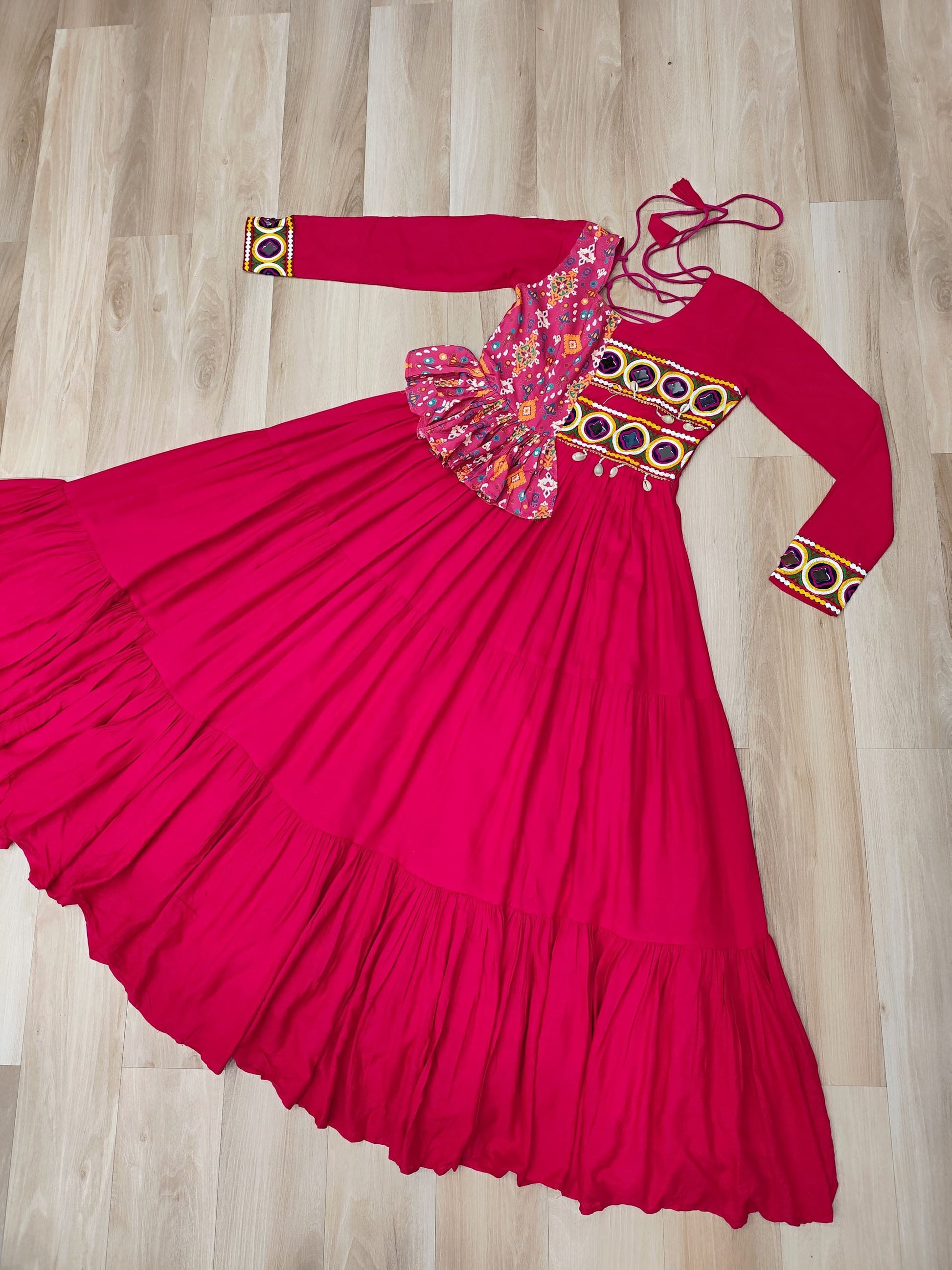Lorenvalley Fashion Pink Rayon Kutchi Gamthi Embroidered Work & Cotton Print Work Gown | Swadesiicart