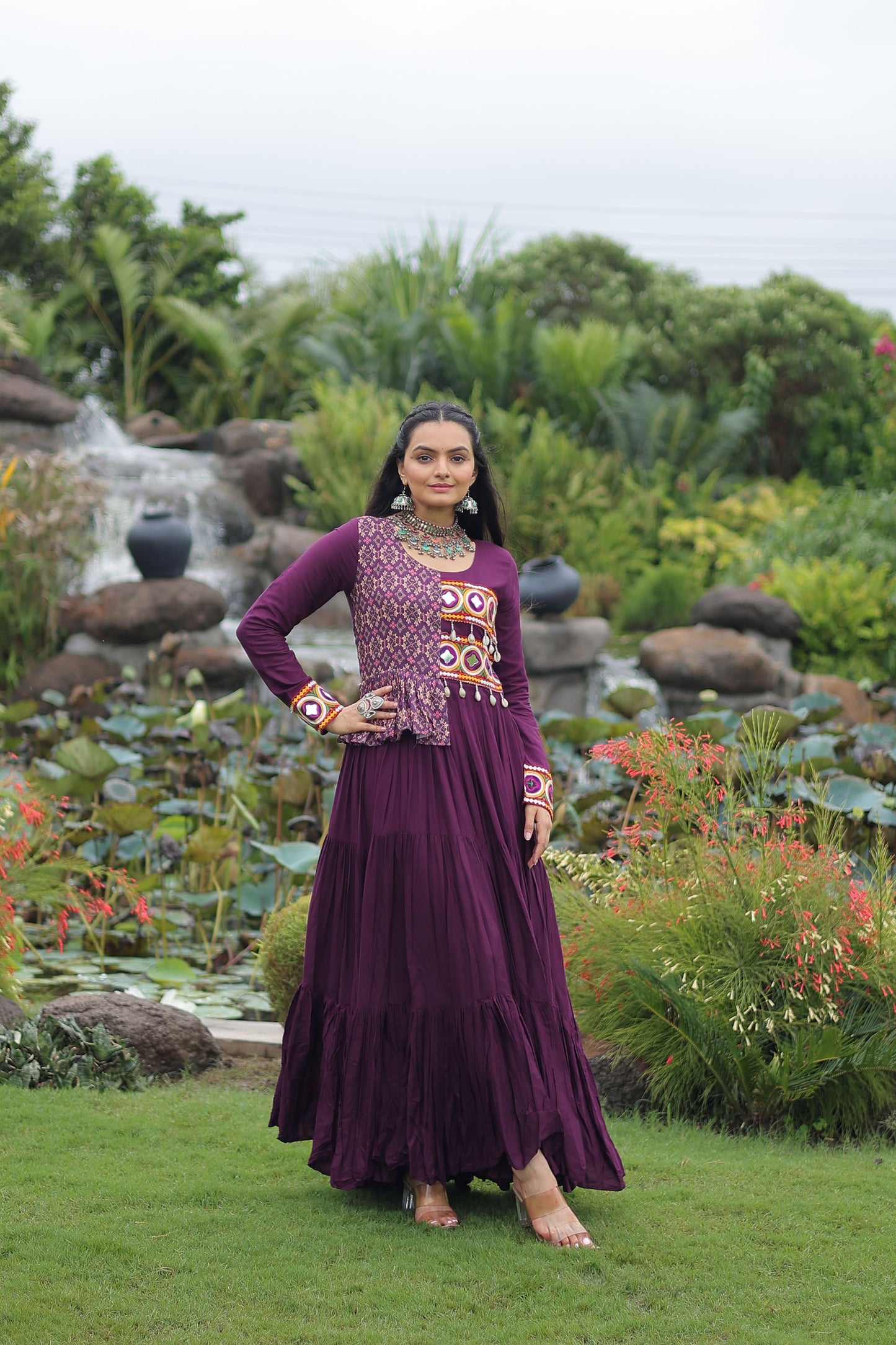 Lorenvalley Fashion Wine Rayon Kutchi Gamthi Embroidered Work & Cotton Print Work Gown | Swadesiicart