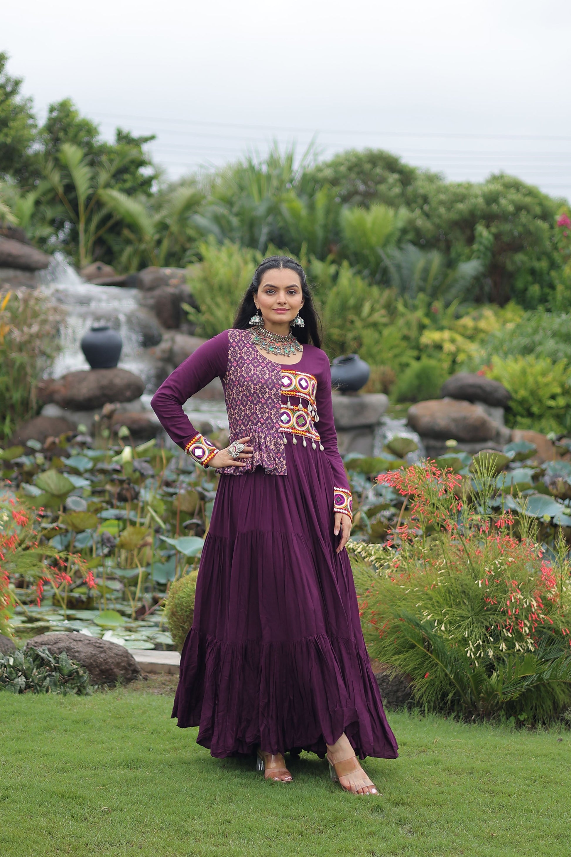 Lorenvalley Fashion Wine Rayon Kutchi Gamthi Embroidered Work & Cotton Print Work Gown | Swadesiicart