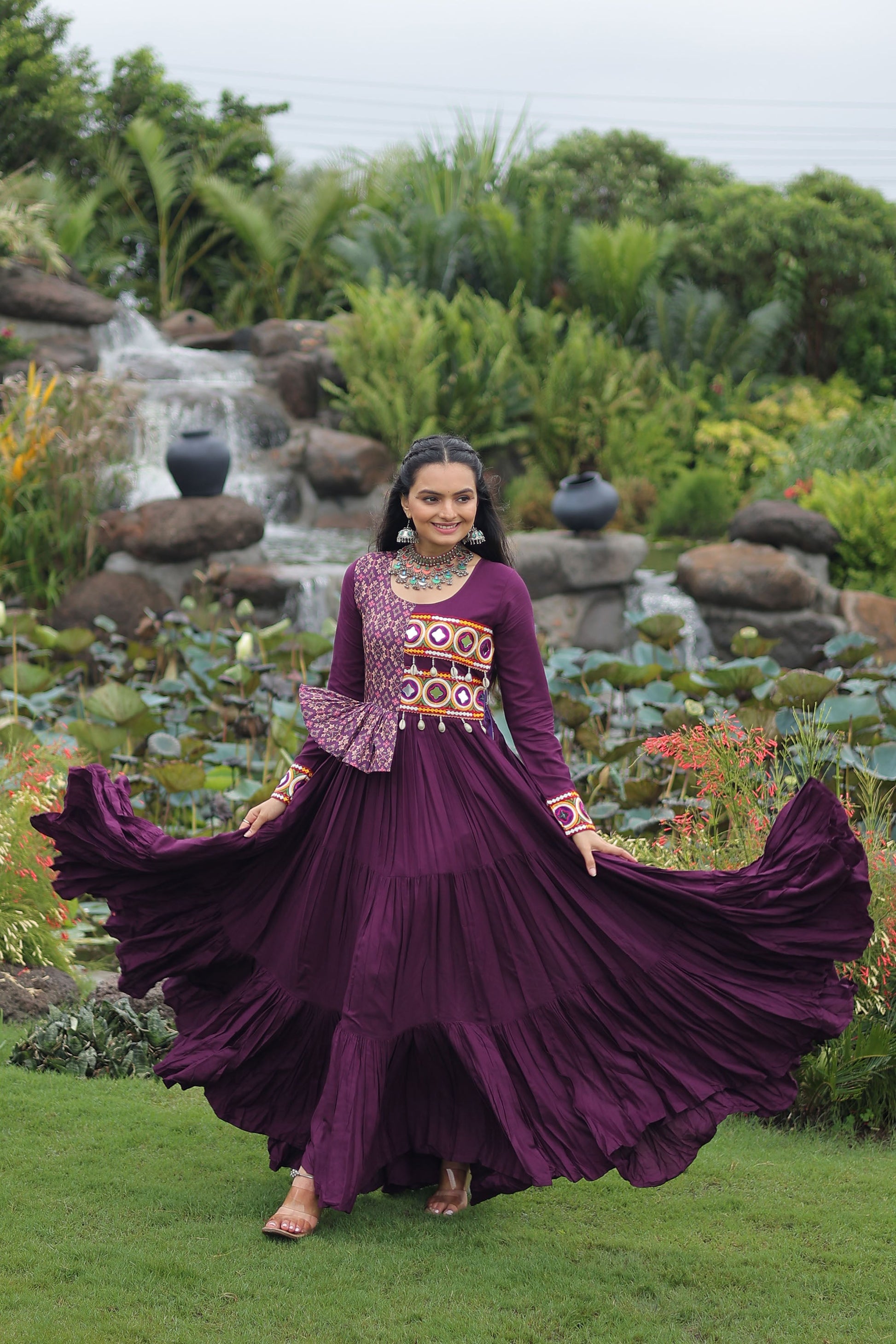 Lorenvalley Fashion Wine Rayon Kutchi Gamthi Embroidered Work & Cotton Print Work Gown | Swadesiicart