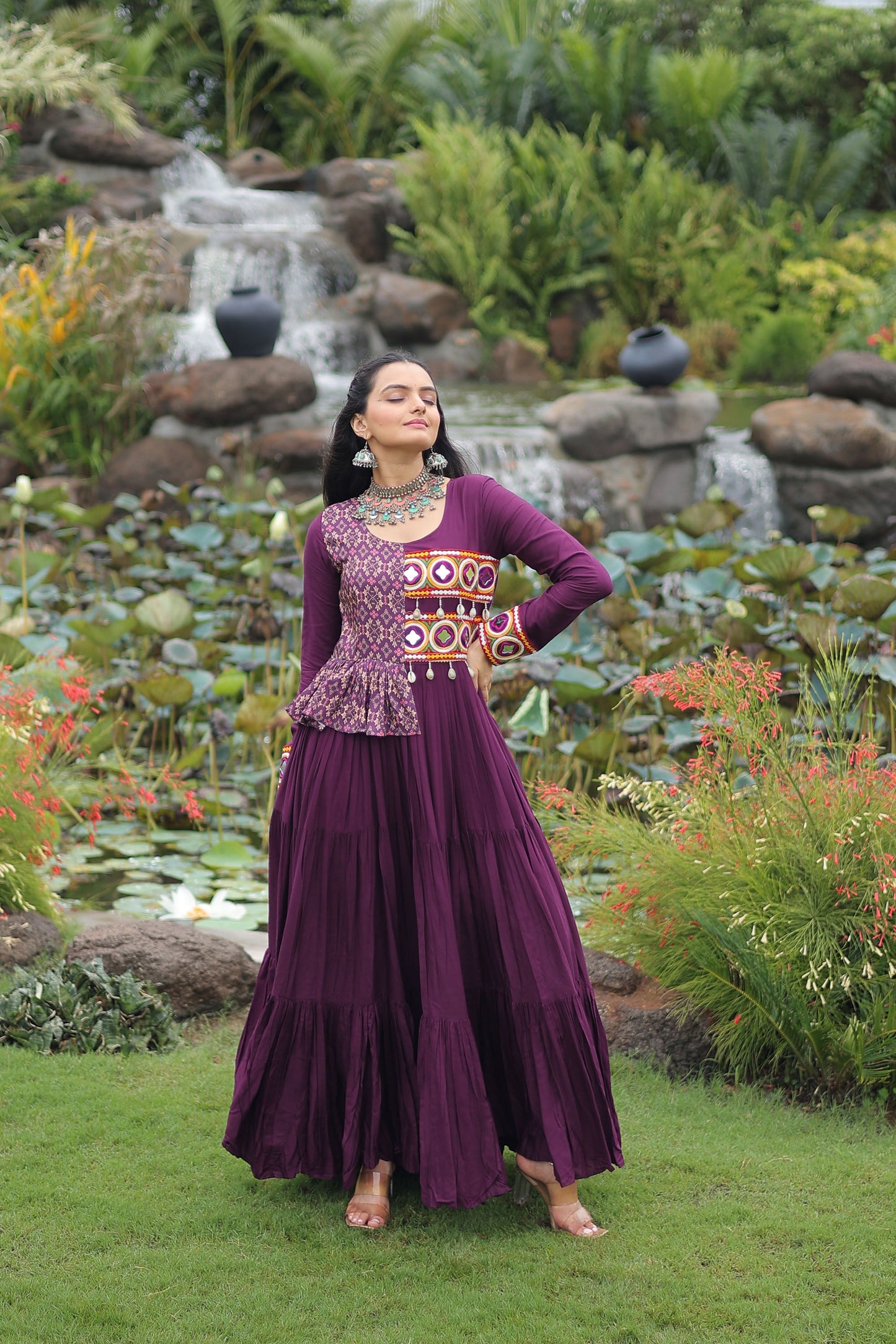 Lorenvalley Fashion Wine Rayon Kutchi Gamthi Embroidered Work & Cotton Print Work Gown | Swadesiicart