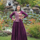 Lorenvalley Fashion Wine Rayon Kutchi Gamthi Embroidered Work & Cotton Print Work Gown | Swadesiicart