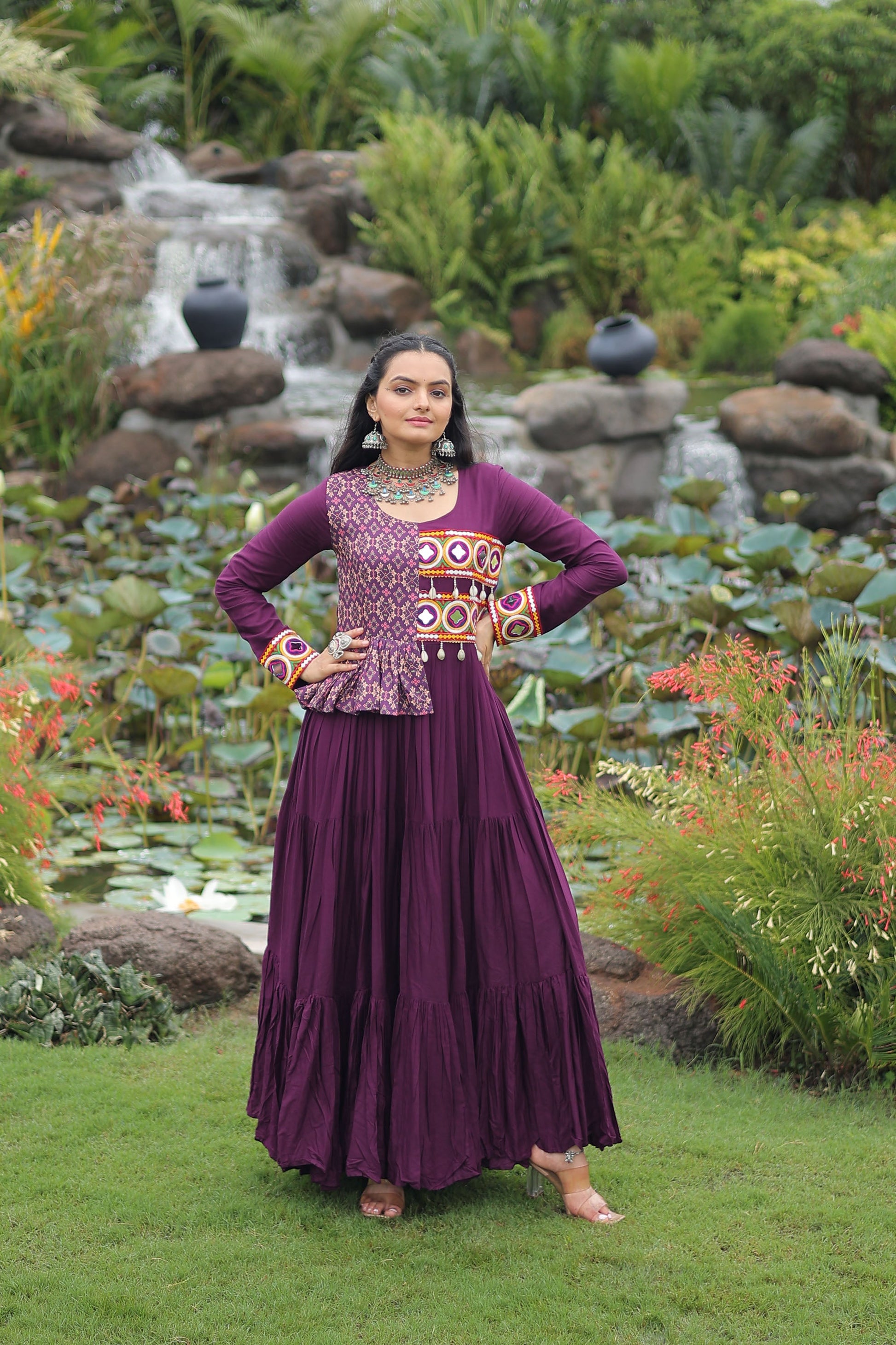 Lorenvalley Fashion Wine Rayon Kutchi Gamthi Embroidered Work & Cotton Print Work Gown | Swadesiicart