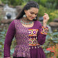 Lorenvalley Fashion Wine Rayon Kutchi Gamthi Embroidered Work & Cotton Print Work Gown | Swadesiicart
