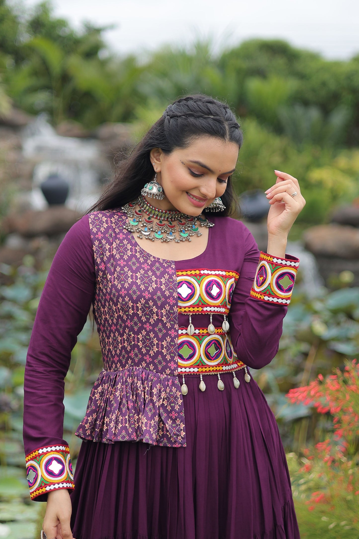 Lorenvalley Fashion Wine Rayon Kutchi Gamthi Embroidered Work & Cotton Print Work Gown | Swadesiicart