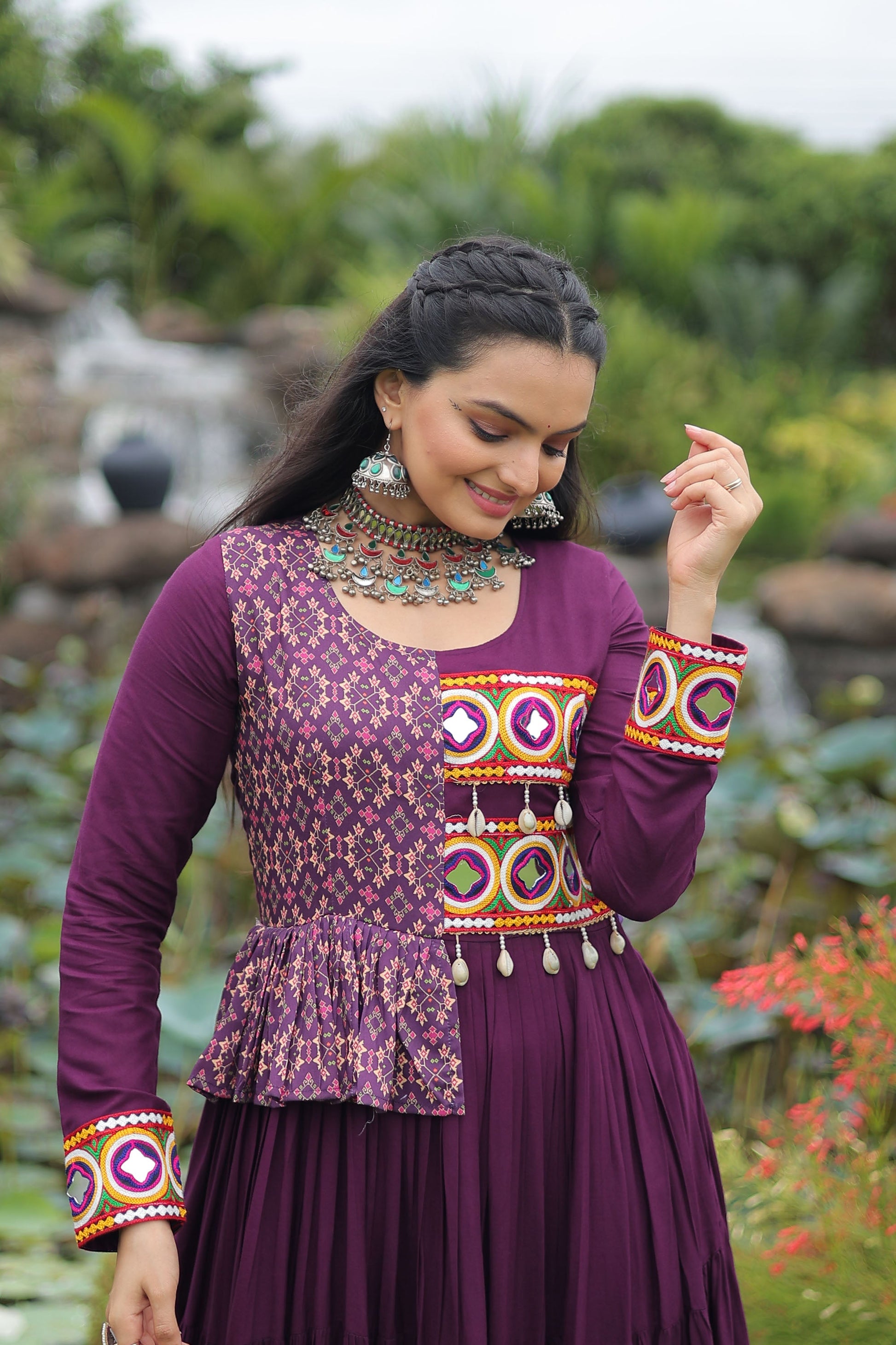 Lorenvalley Fashion Wine Rayon Kutchi Gamthi Embroidered Work & Cotton Print Work Gown | Swadesiicart