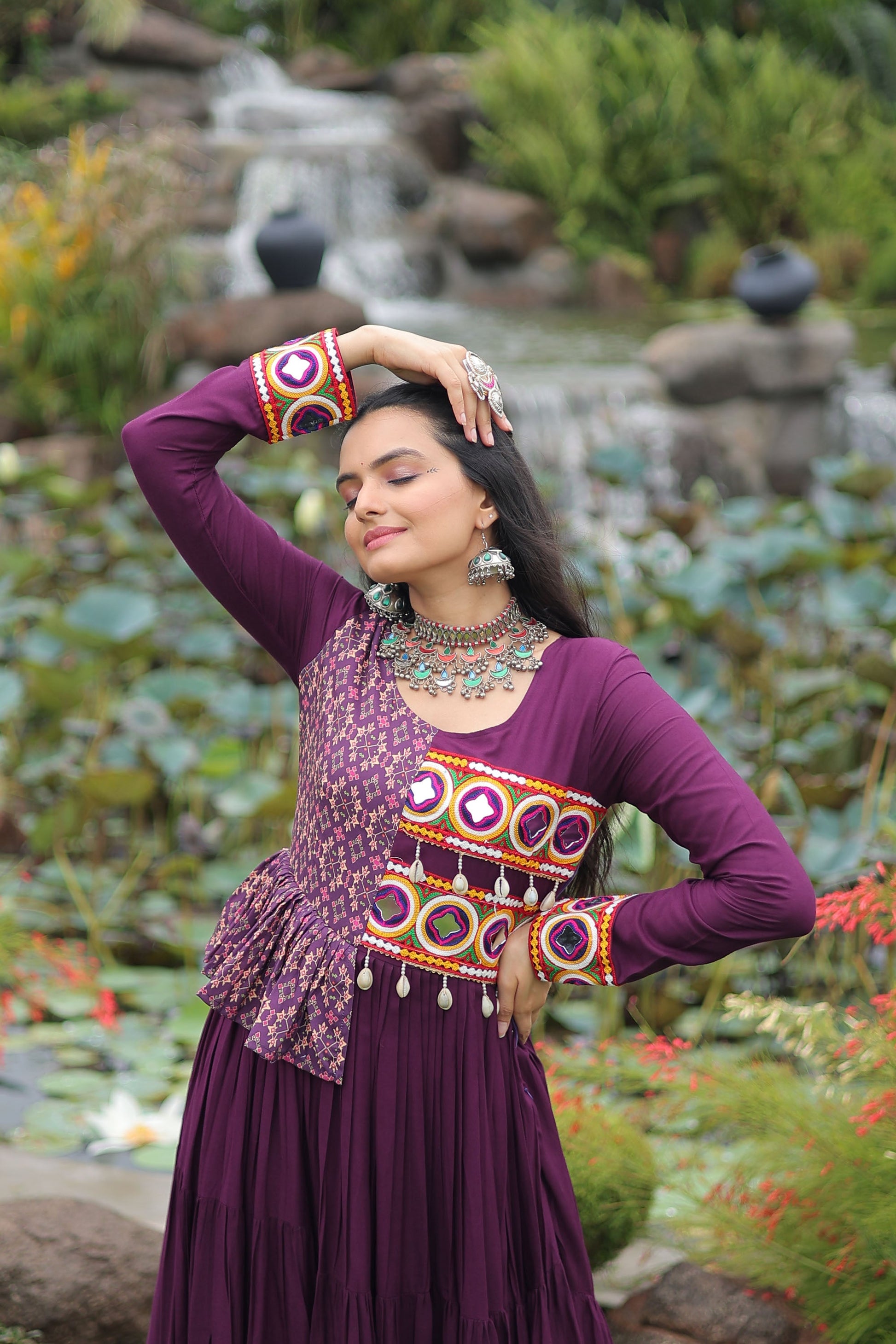 Lorenvalley Fashion Wine Rayon Kutchi Gamthi Embroidered Work & Cotton Print Work Gown | Swadesiicart