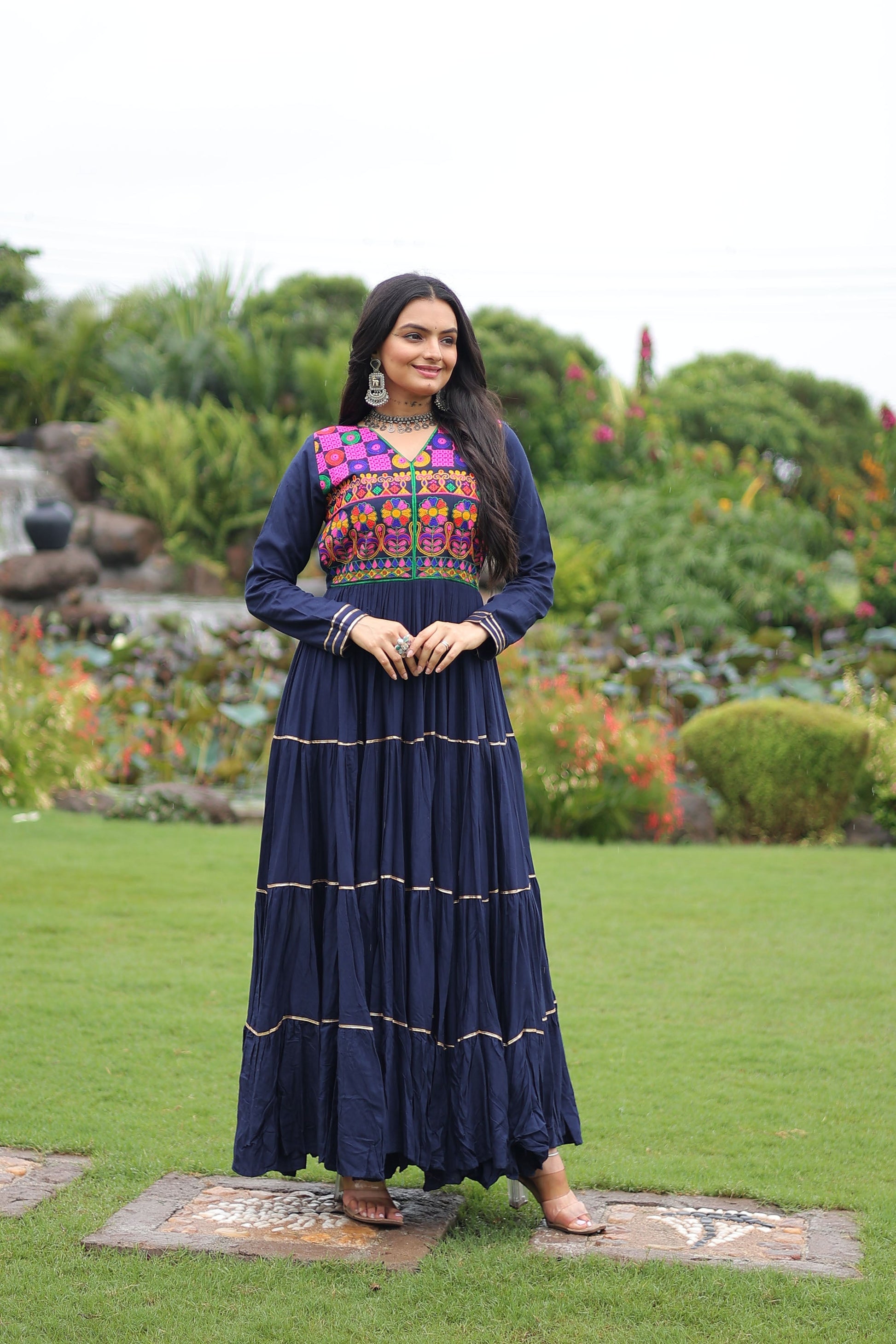 Lorenvalley Fashion Navyblue Rayon Kutchi Gamthi Embroidered & Mirror hand Work Gown | Swadesiicart