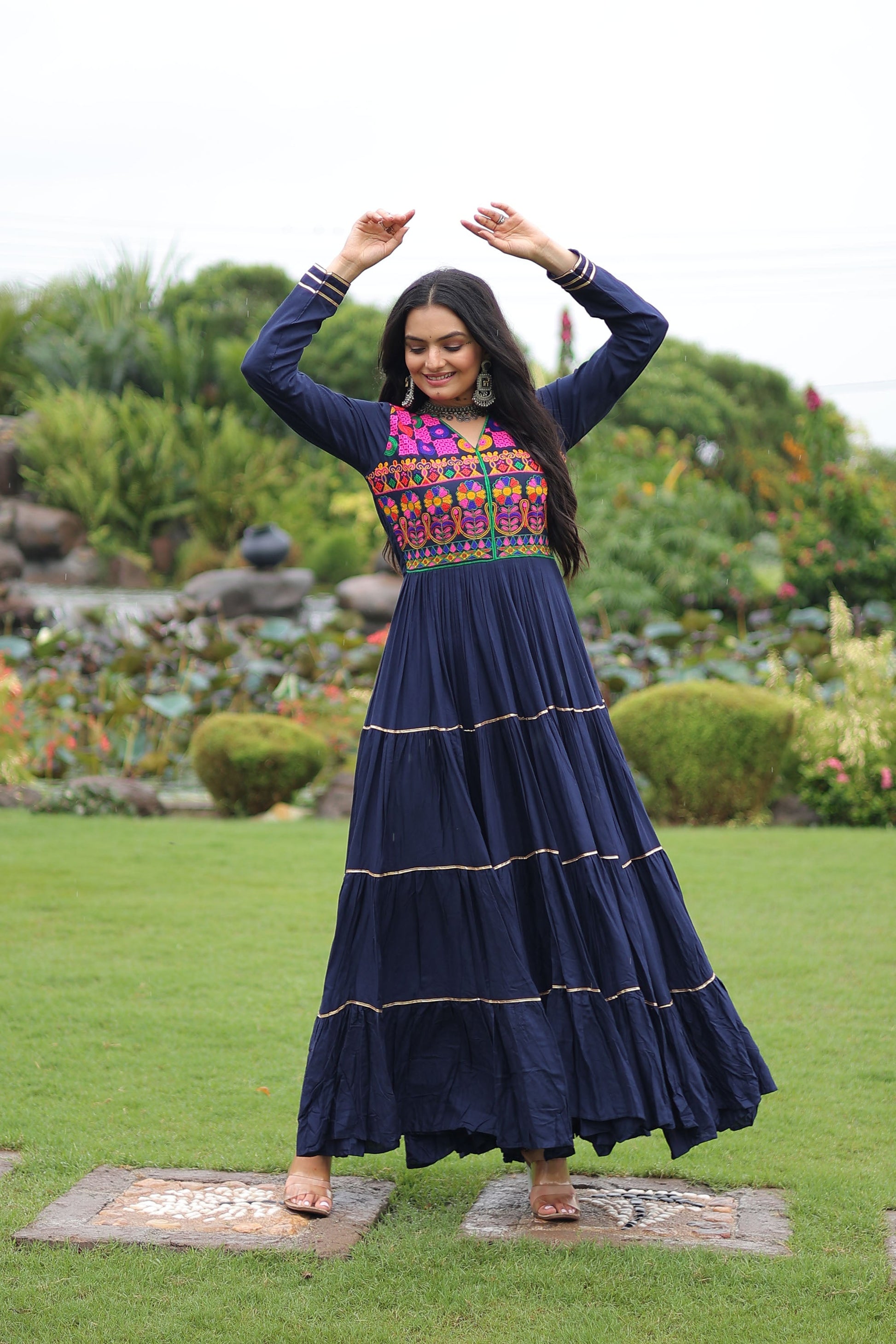 Lorenvalley Fashion Navyblue Rayon Kutchi Gamthi Embroidered & Mirror hand Work Gown | Swadesiicart