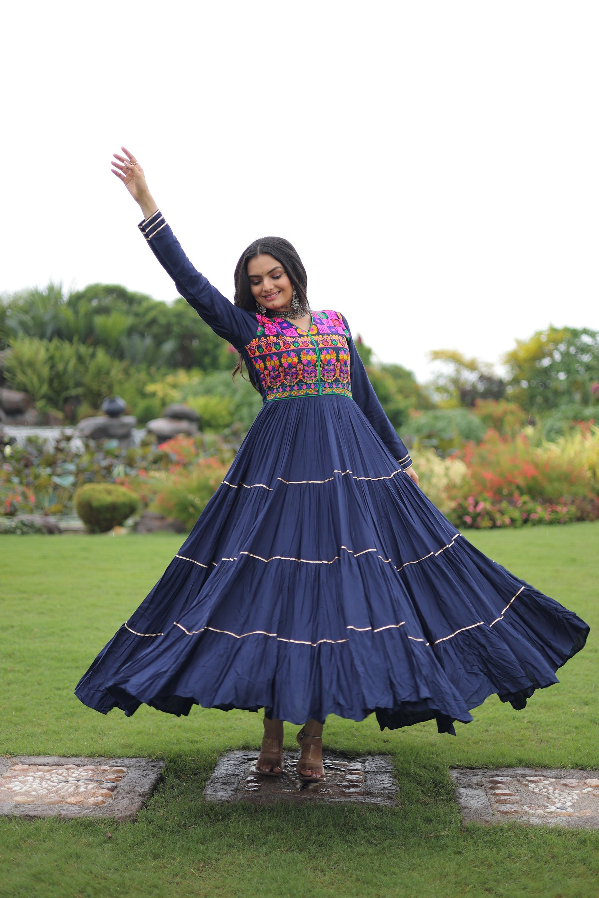 Lorenvalley Fashion Navyblue Rayon Kutchi Gamthi Embroidered & Mirror hand Work Gown | Swadesiicart