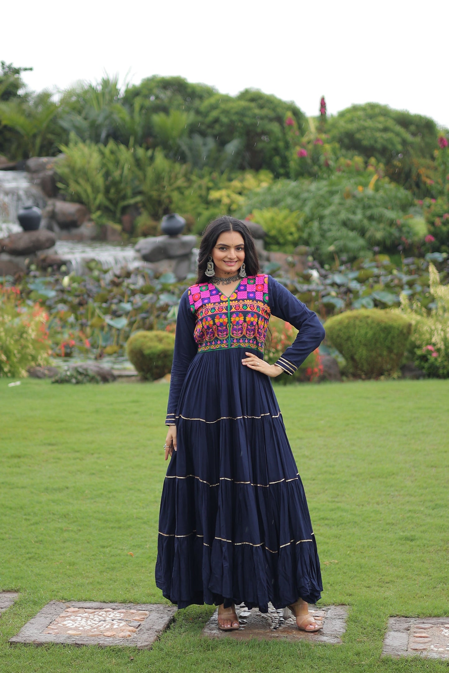 Lorenvalley Fashion Navyblue Rayon Kutchi Gamthi Embroidered & Mirror hand Work Gown | Swadesiicart