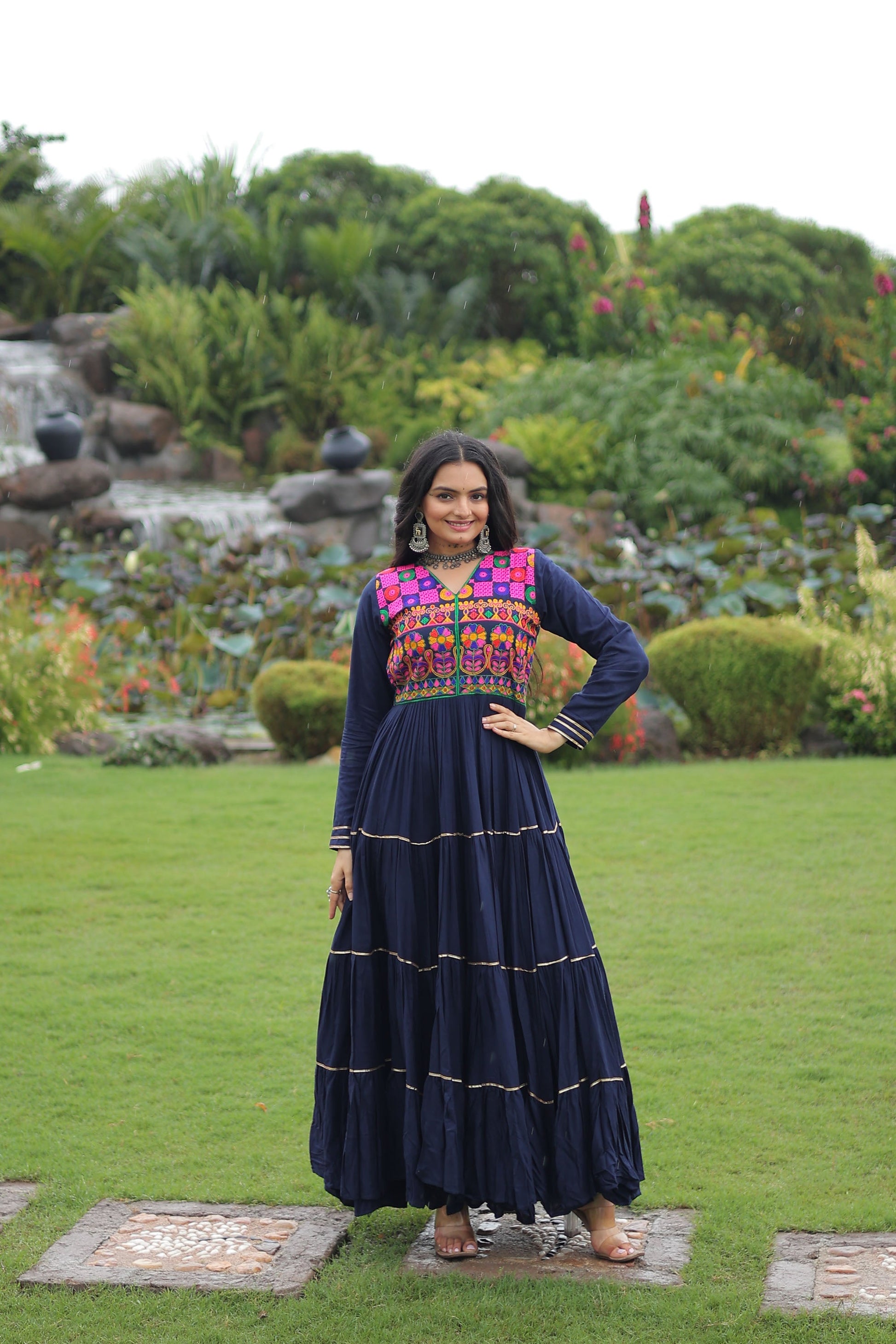 Lorenvalley Fashion Navyblue Rayon Kutchi Gamthi Embroidered & Mirror hand Work Gown | Swadesiicart