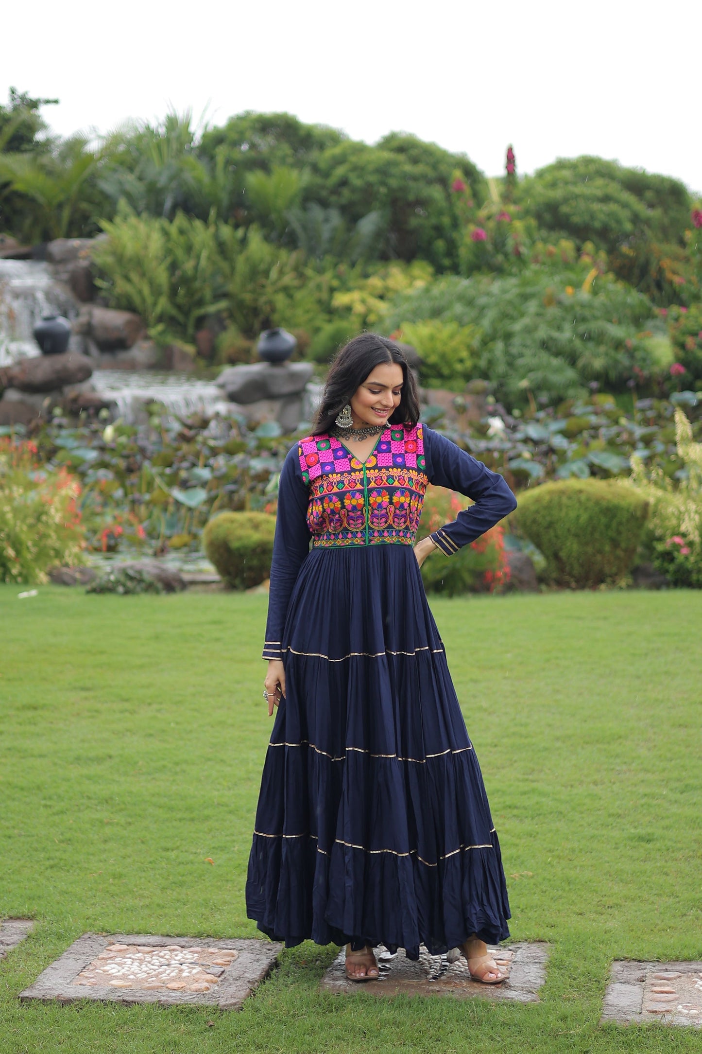 Lorenvalley Fashion Navyblue Rayon Kutchi Gamthi Embroidered & Mirror hand Work Gown | Swadesiicart