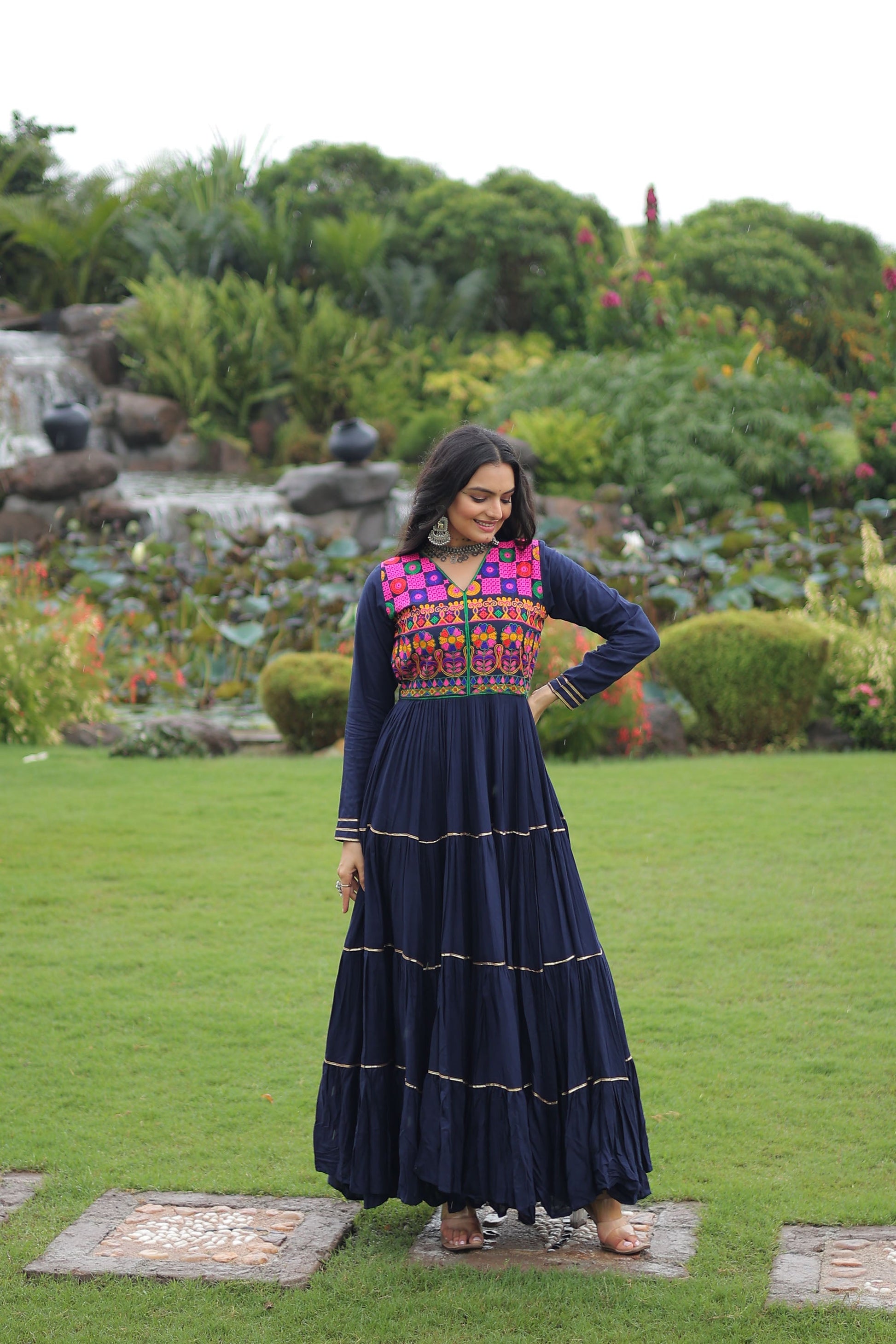 Lorenvalley Fashion Navyblue Rayon Kutchi Gamthi Embroidered & Mirror hand Work Gown | Swadesiicart