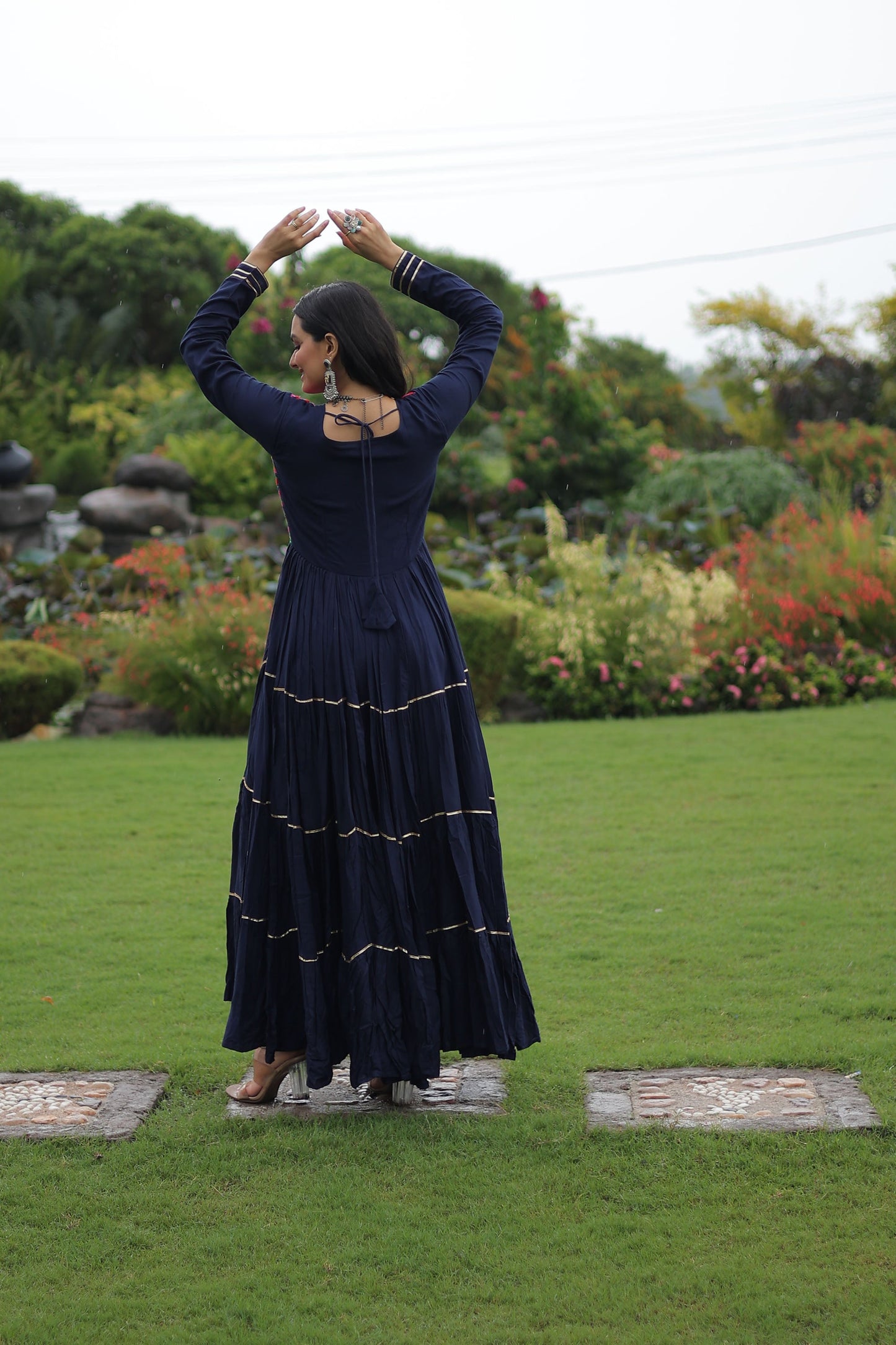 Lorenvalley Fashion Navyblue Rayon Kutchi Gamthi Embroidered & Mirror hand Work Gown | Swadesiicart