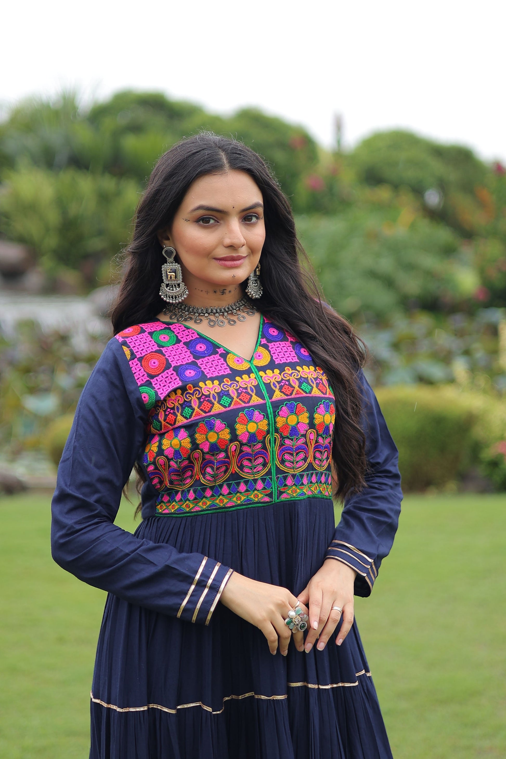 Lorenvalley Fashion Navyblue Rayon Kutchi Gamthi Embroidered & Mirror hand Work Gown | Swadesiicart