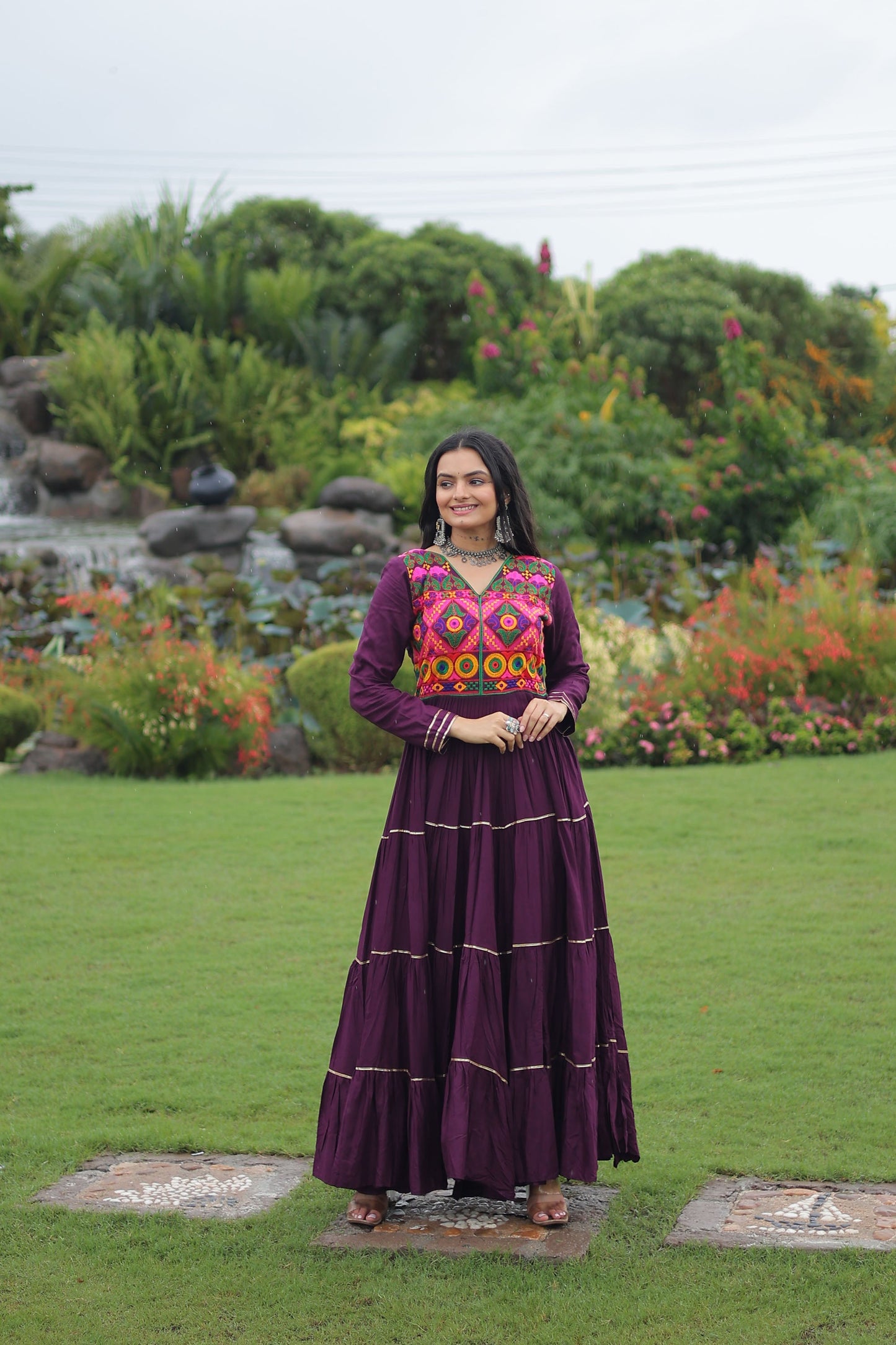 Lorenvalley Fashion Wine Rayon Kutchi Gamthi Embroidered & Mirror hand Work Gown | Swadesiicart