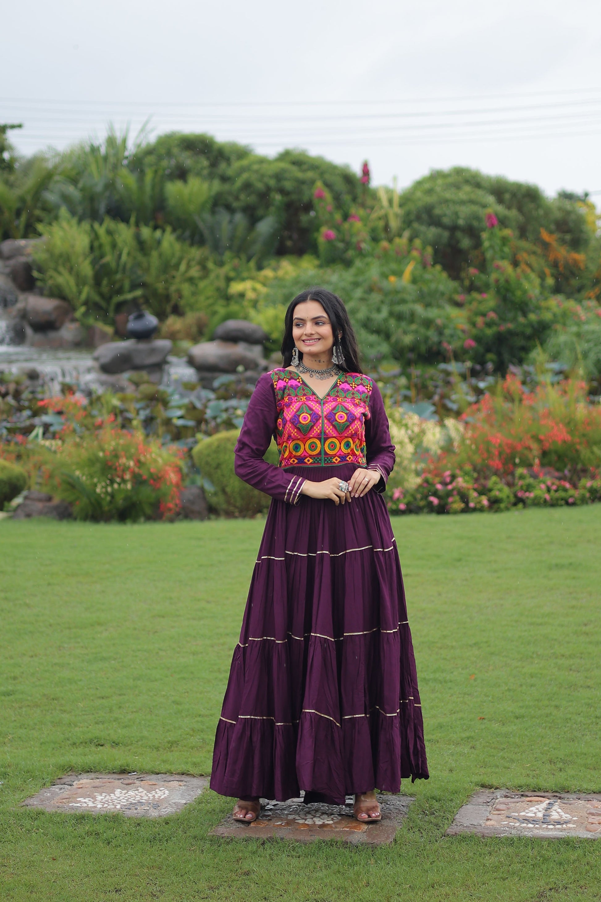 Lorenvalley Fashion Wine Rayon Kutchi Gamthi Embroidered & Mirror hand Work Gown | Swadesiicart
