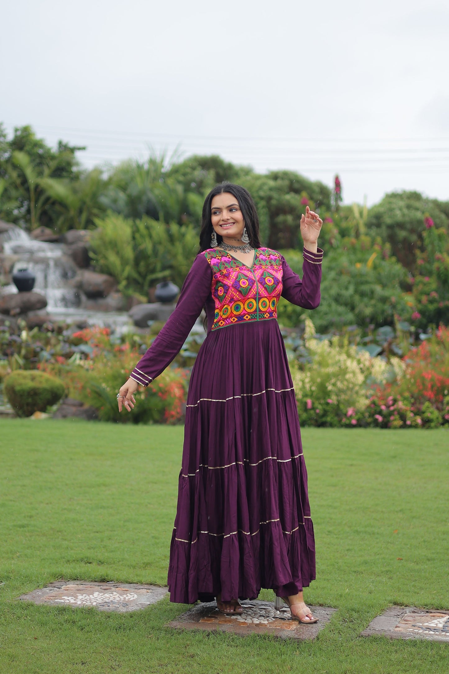 Lorenvalley Fashion Wine Rayon Kutchi Gamthi Embroidered & Mirror hand Work Gown | Swadesiicart