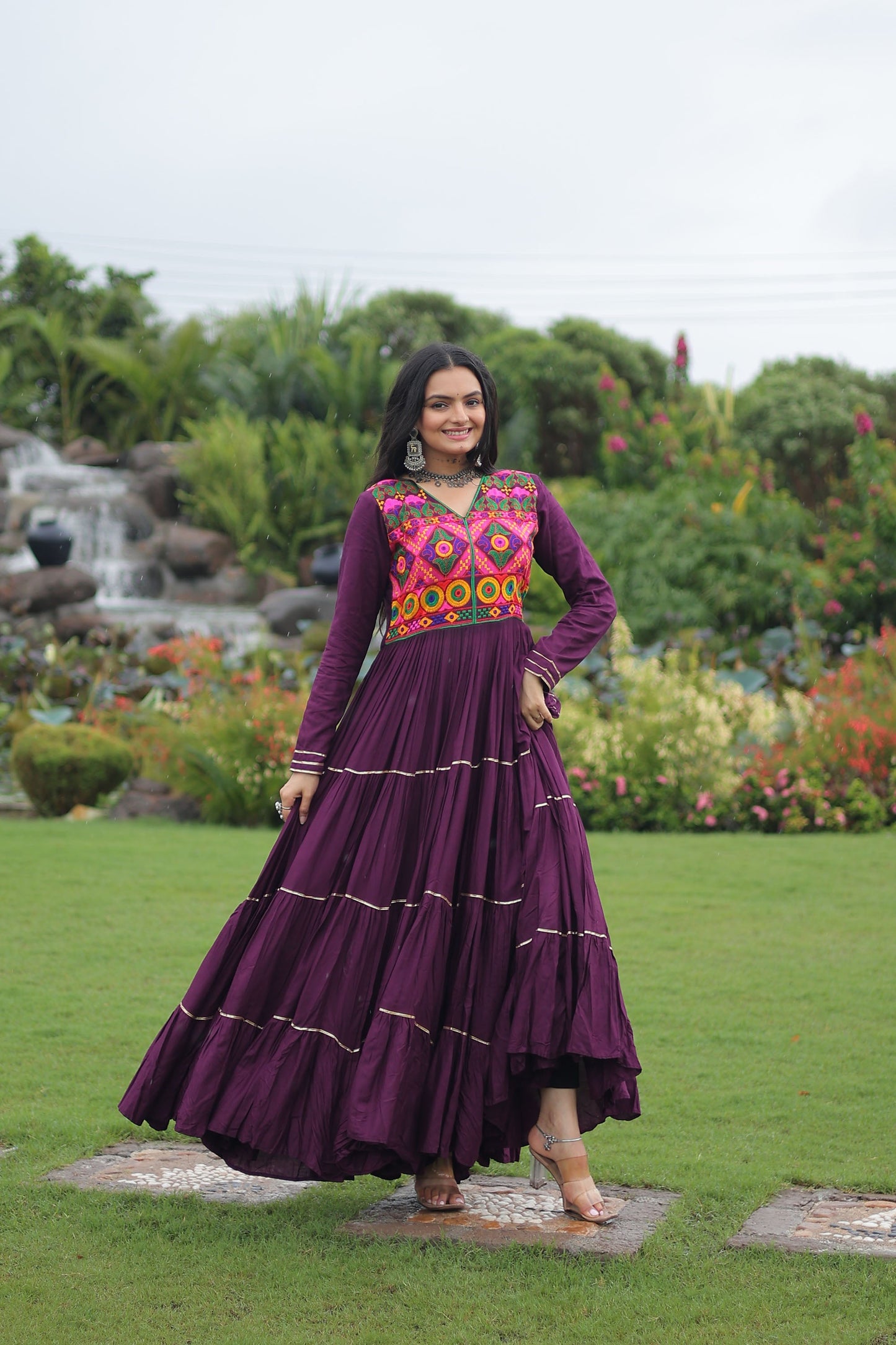 Lorenvalley Fashion Wine Rayon Kutchi Gamthi Embroidered & Mirror hand Work Gown | Swadesiicart