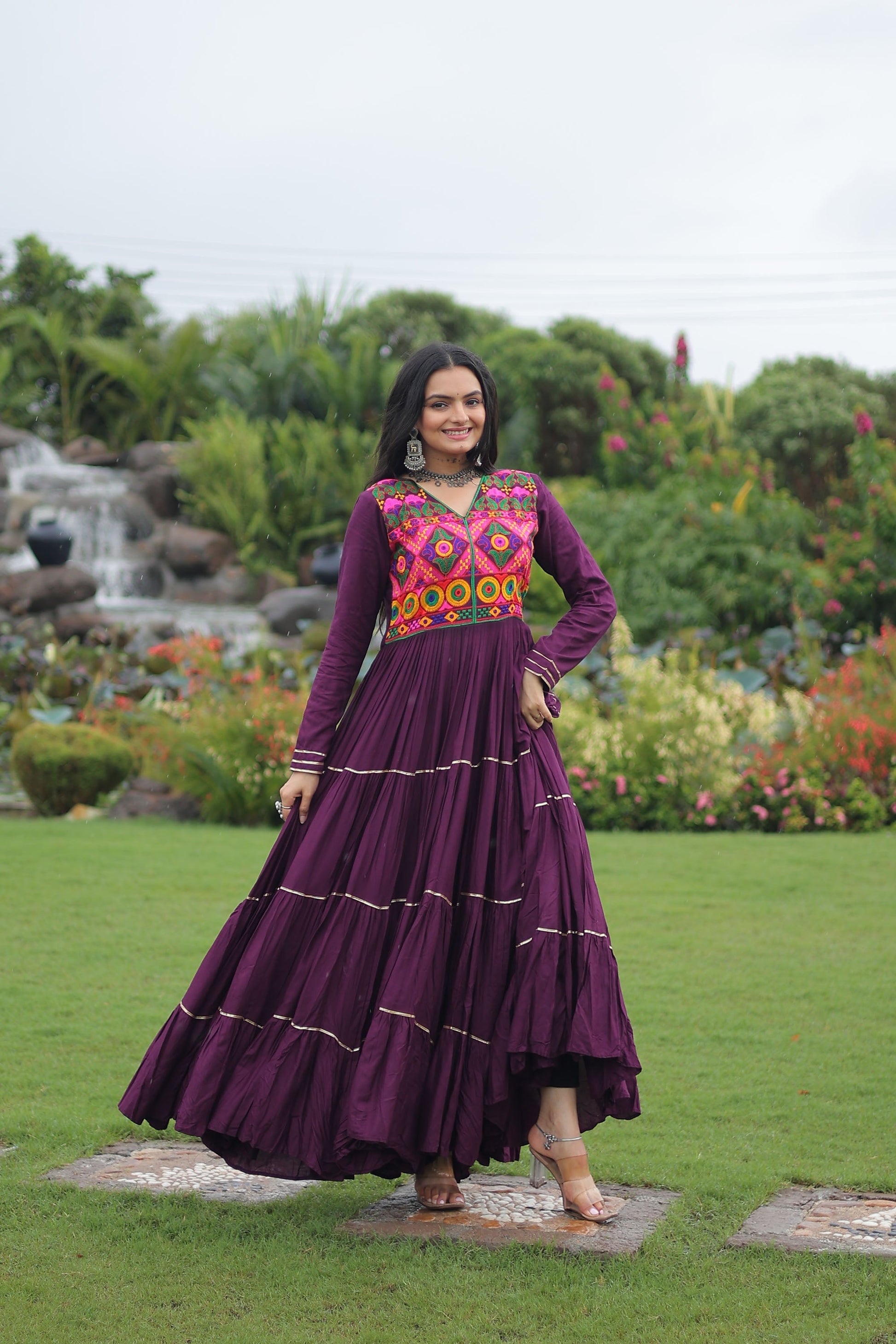 Lorenvalley Fashion Wine Rayon Kutchi Gamthi Embroidered & Mirror hand Work Gown | Swadesiicart