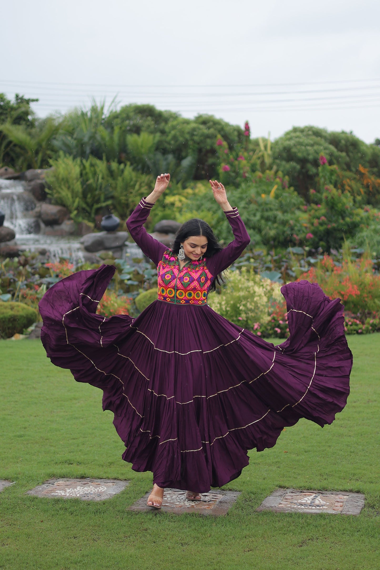 Lorenvalley Fashion Wine Rayon Kutchi Gamthi Embroidered & Mirror hand Work Gown | Swadesiicart