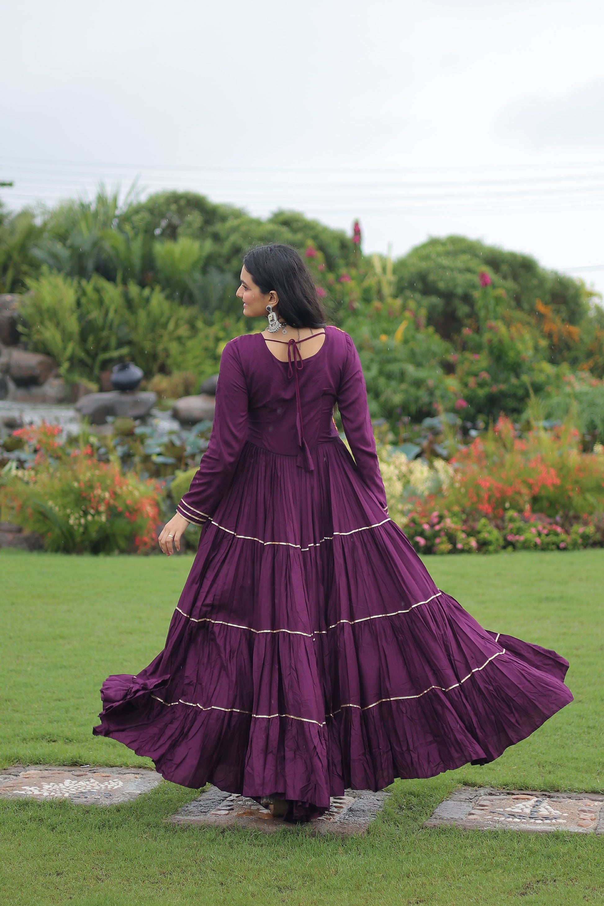 Lorenvalley Fashion Wine Rayon Kutchi Gamthi Embroidered & Mirror hand Work Gown | Swadesiicart