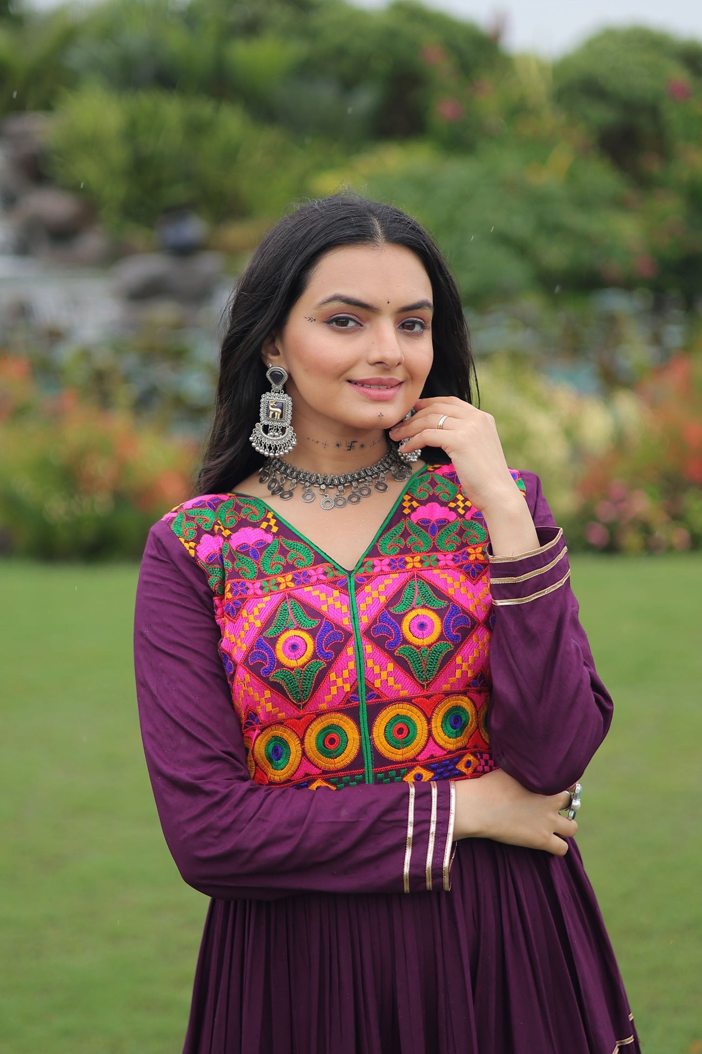 Lorenvalley Fashion Wine Rayon Kutchi Gamthi Embroidered & Mirror hand Work Gown | Swadesiicart